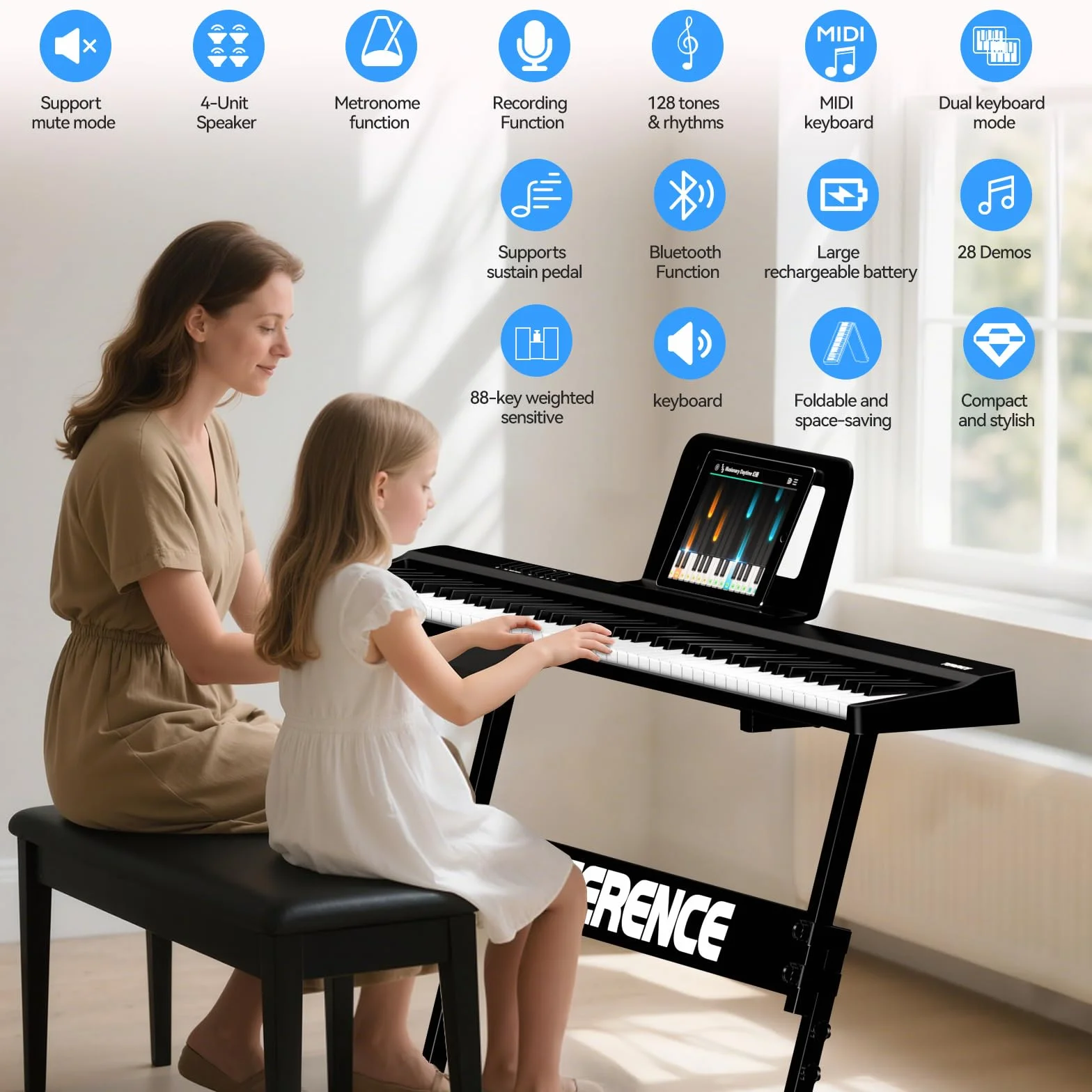 TERENCE Piano Numérique Portable 88 Touches Semi-lesté avec Support Z