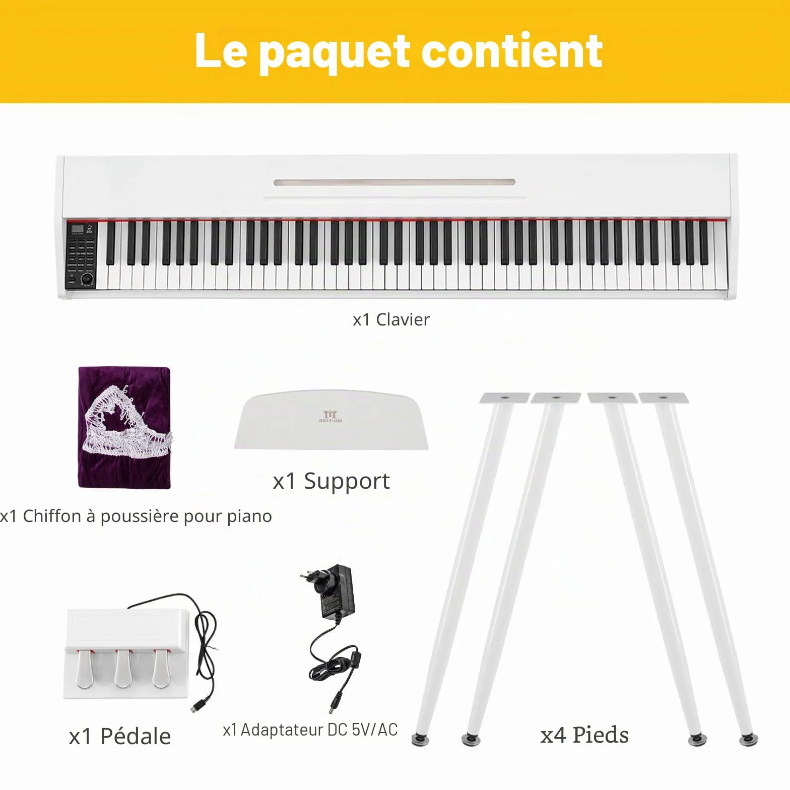 MUSTAR Piano numérique 88 touches taille complète avec 3 pédales, portable, MIDI-USB, support, blanc