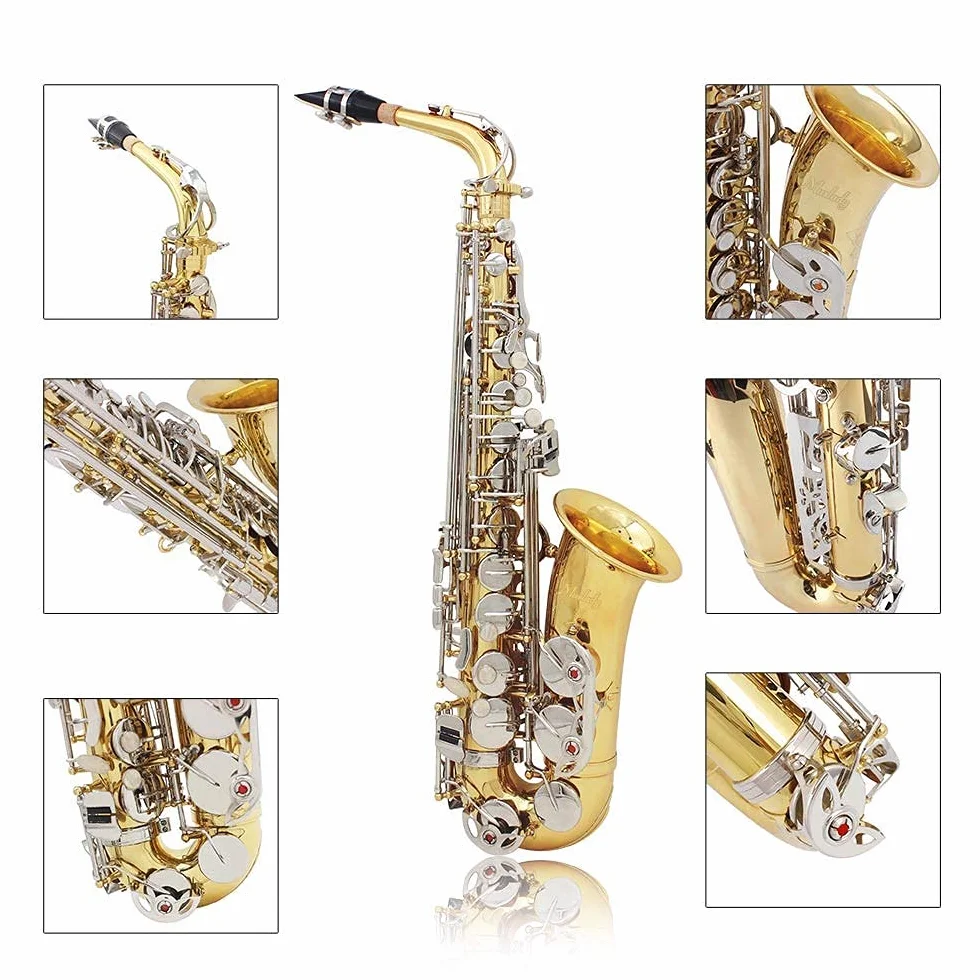 Saxophone alto en laiton brillant Mi bémol avec boutons en coquillage blancs naturels - étui, accessoires