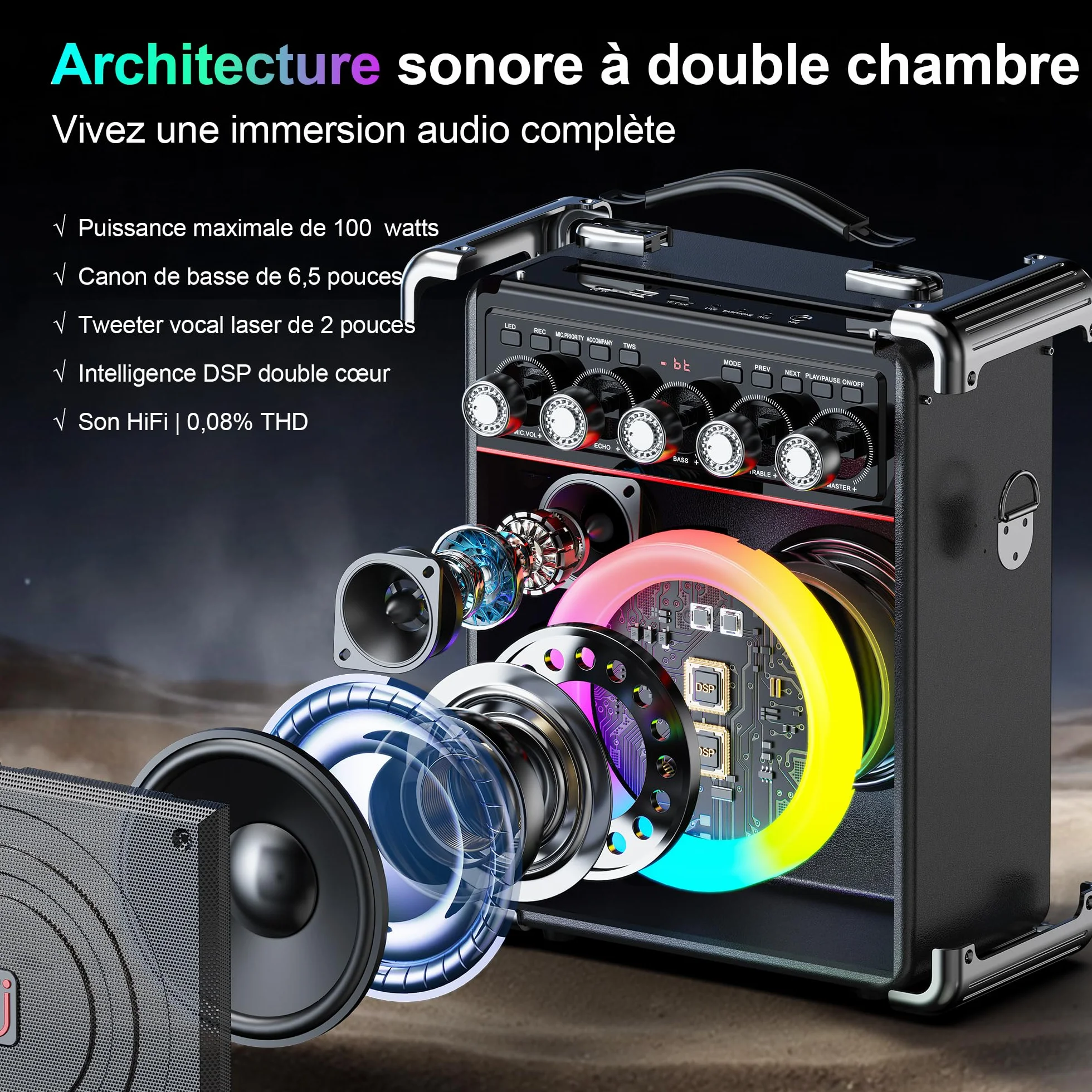 JYX Enceinte Karaoke 100W sans Fil Autonomie 24h DSP Bicœur