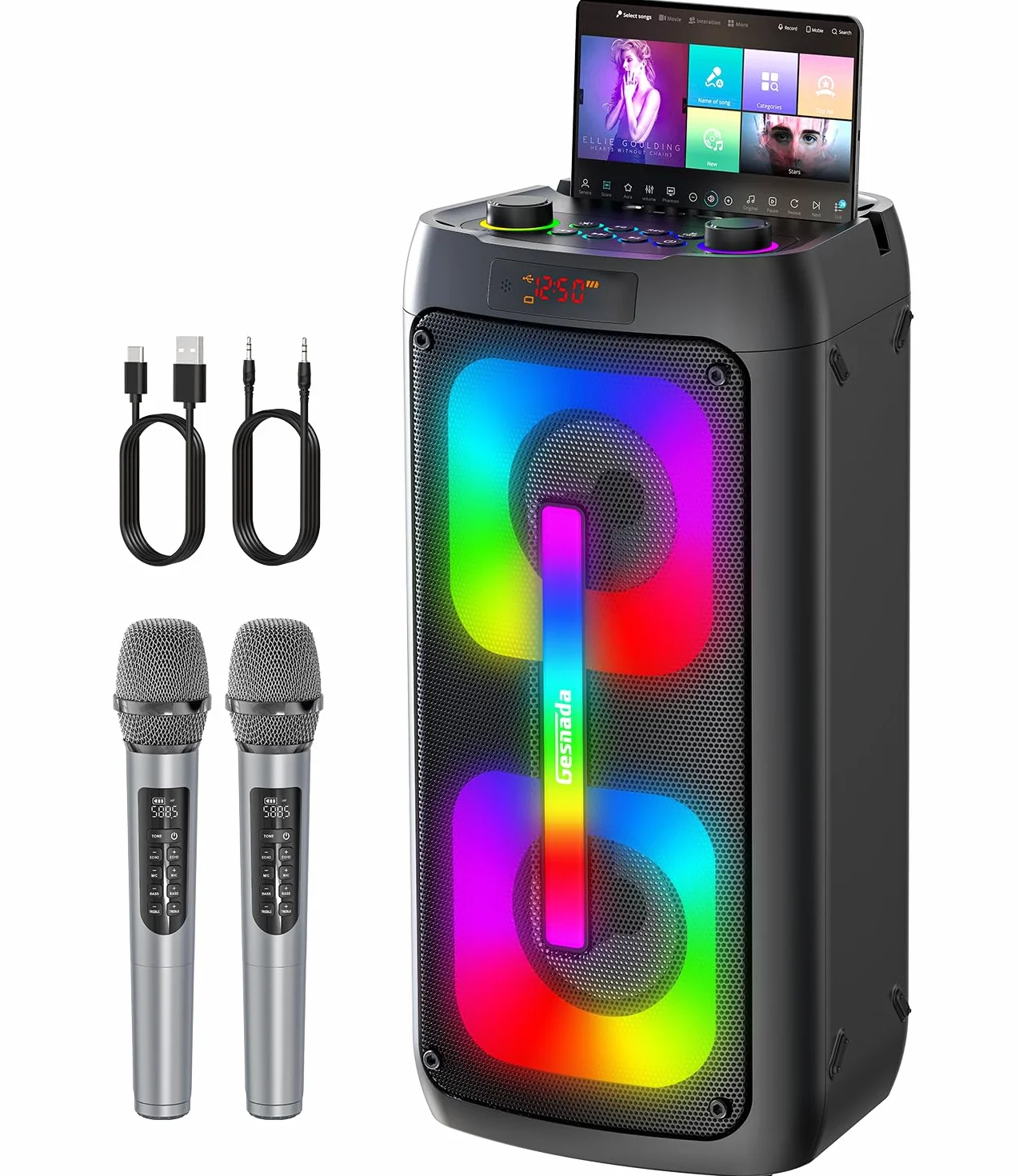 Machine de karaoké Bluetooth Professionnel avec 2 Microphones, Lumières LED, Support USB/TF/AUX/MIC/TWS