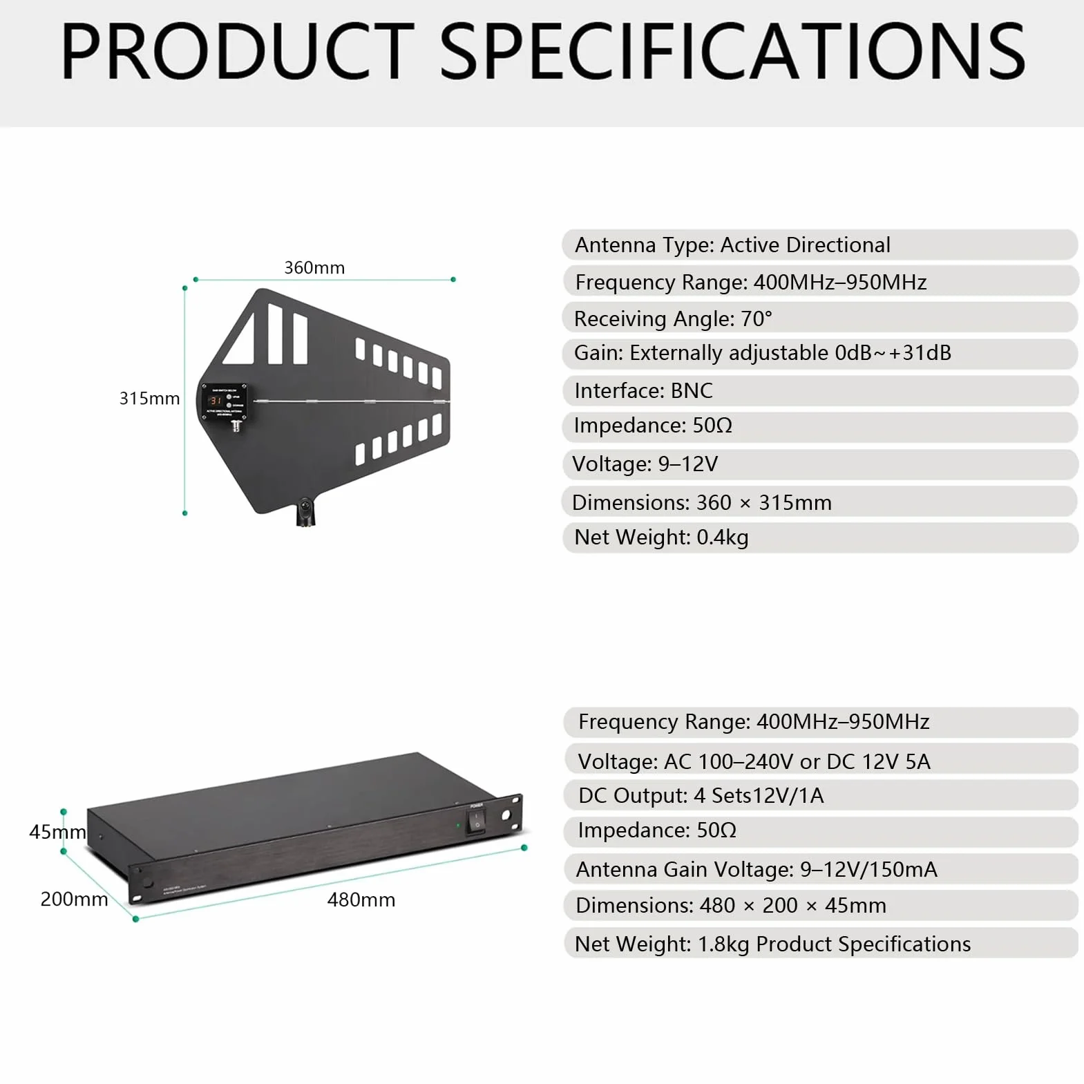 Amplificateur de signal microphone sans fil UHF avec distribution d'antenne 400-950 MHz gain réglable