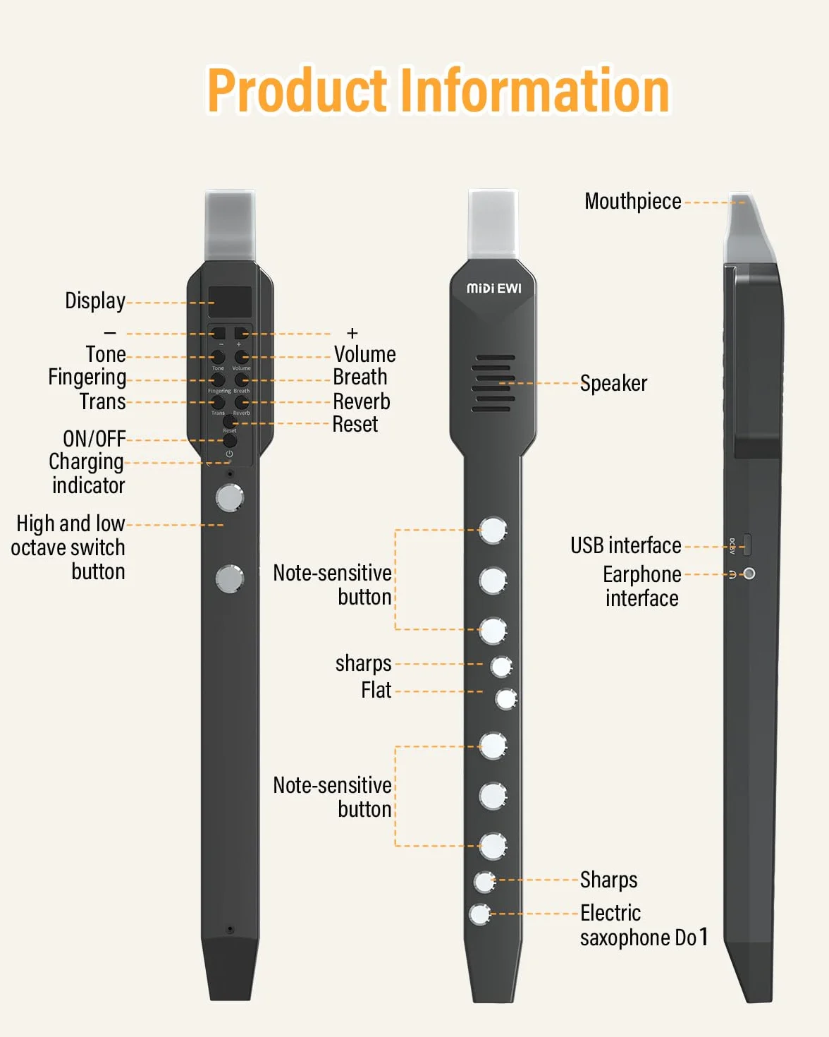 EWI Instrument à vent numérique Noir Bluetooth MIDI 10 tonalités portable