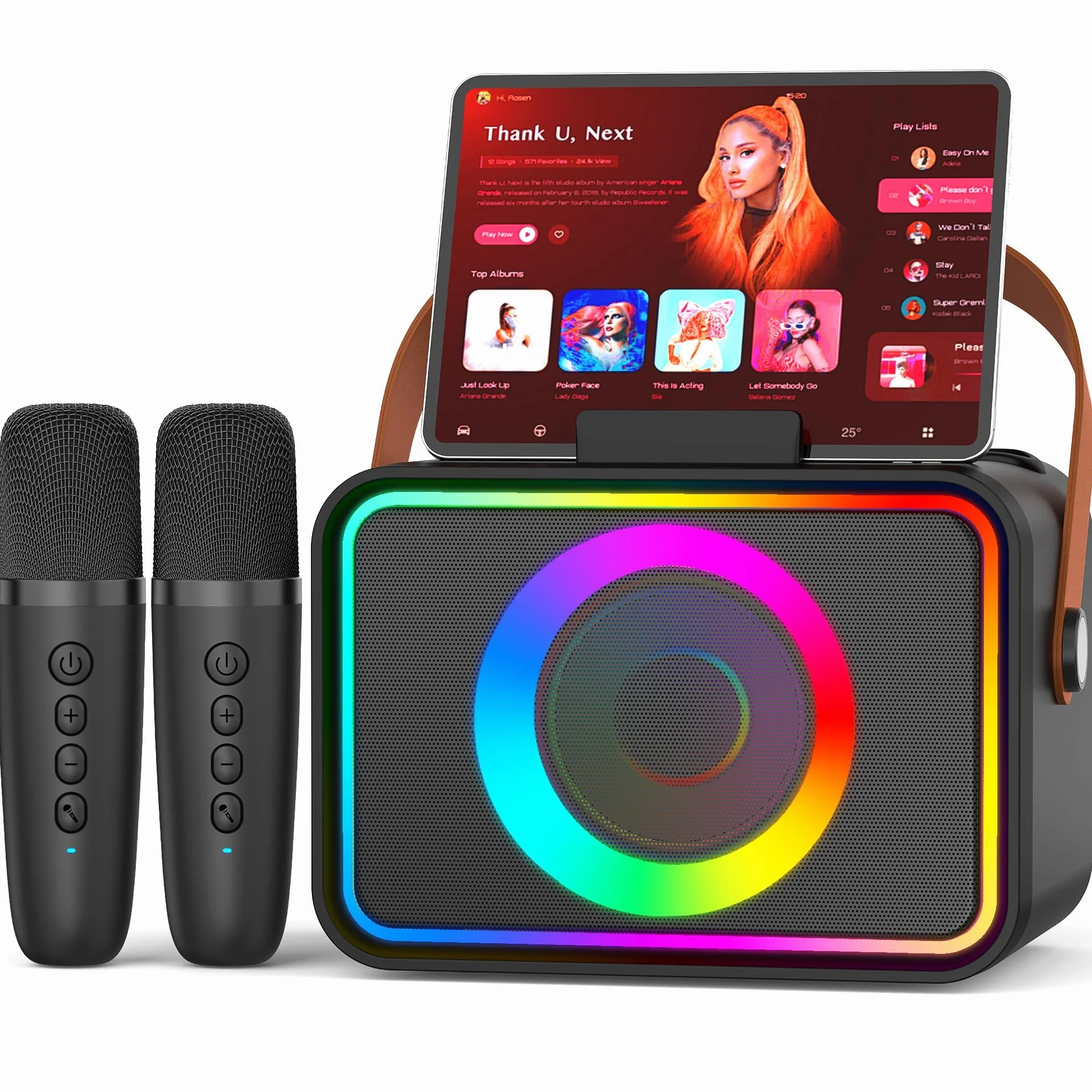 Machine de karaoké Bluetooth portable avec 2 microphones et lumières Disco