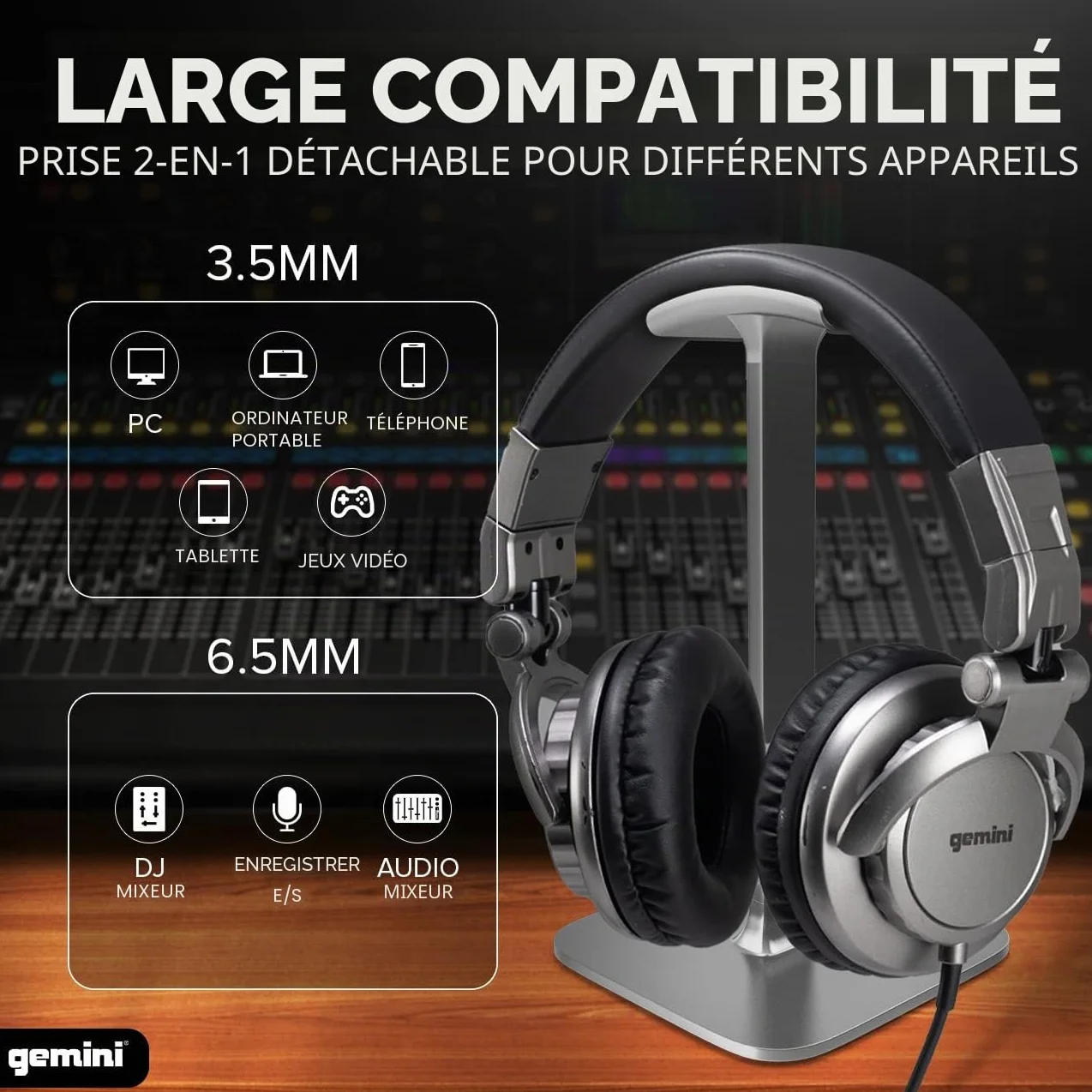 Gemini Sound DJX-500 Casque DJ Professionnel Fermé Filaire Oreillettes pivotables 90° 180° Transducteurs 57mm