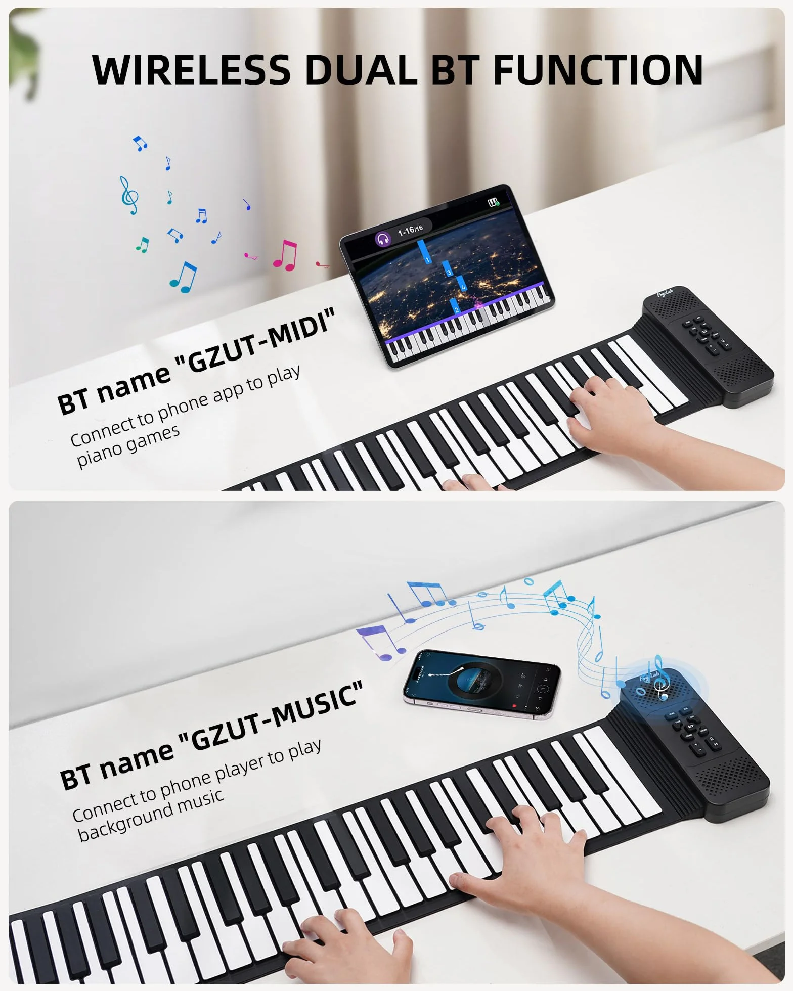 POGOLAB Clavier Piano 88 Touches Enroulable - Portable avec Bluetooth, 128 Tonalités, 128 Rythmes, Pédale