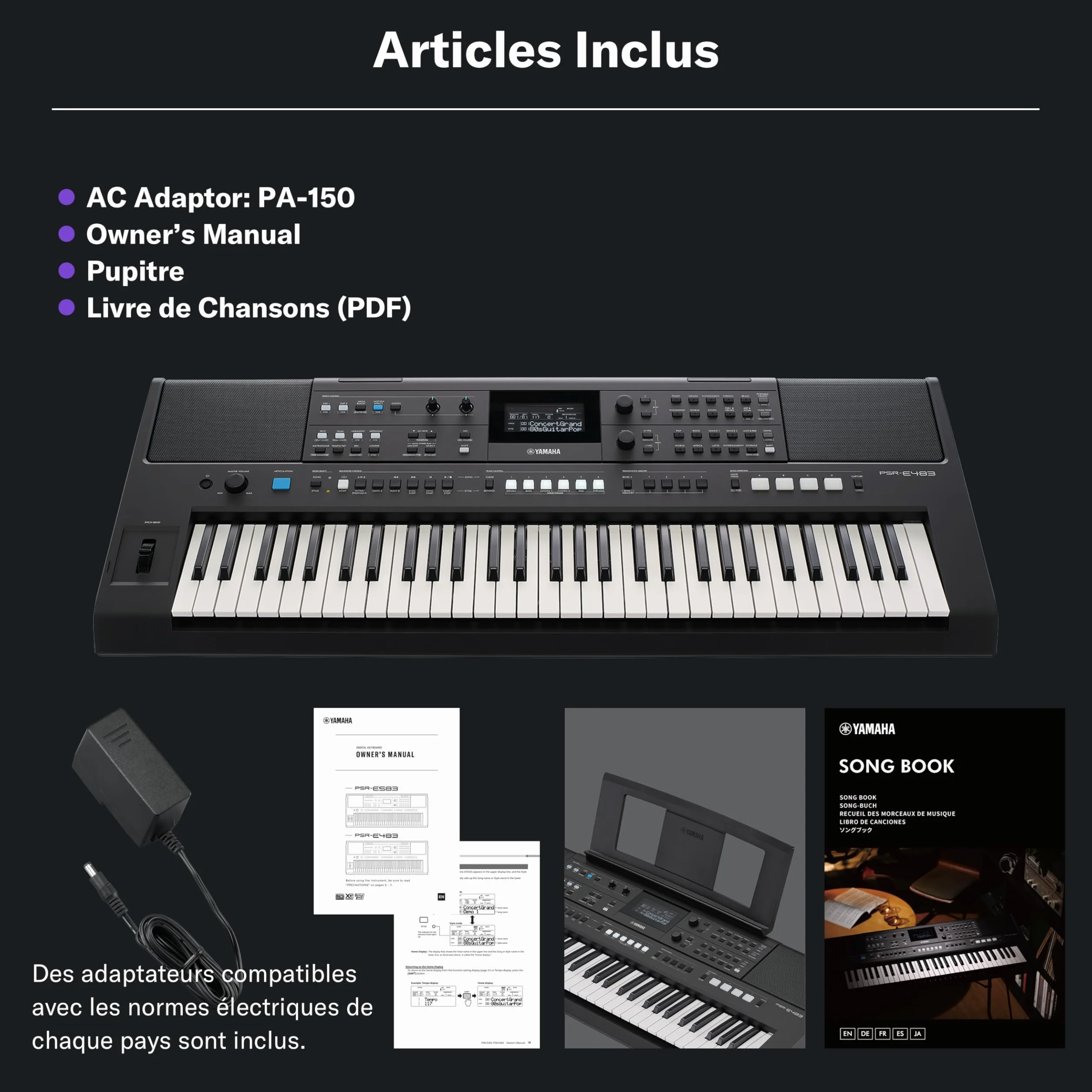 YAMAHA PSR-E483 Keyboard Portable 61 Touches Sensibles 860 Voices 15 Super Articulation Lite 345 Styles Noir