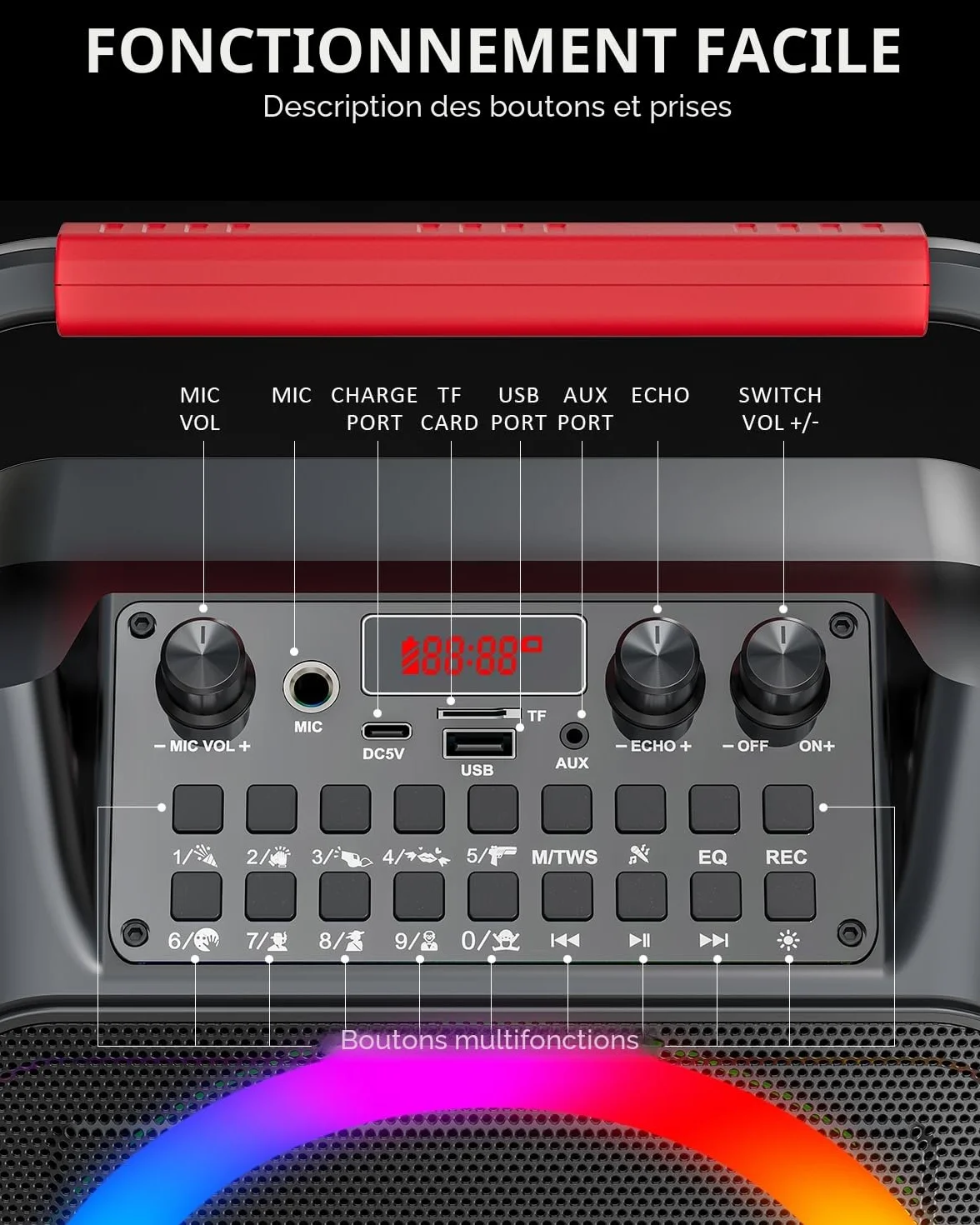 Machine karaoké pour Adultes Enceinte Bluetooth Portable 2 Microphones Professionnel LED USB TF AUX MIC TWS