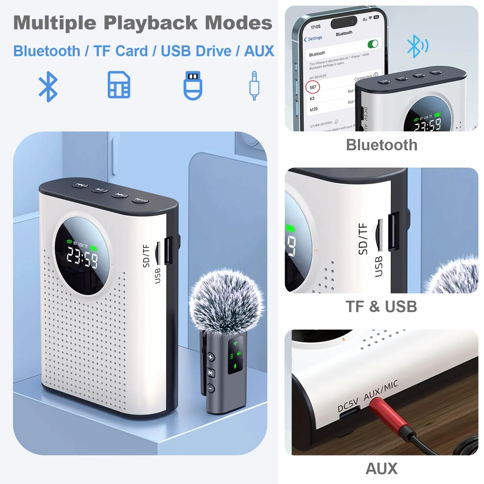Amplificateur de Voix Sans Fil avec Microphone Lavalier 2,4 GHz Bluetooth pour Enseignants