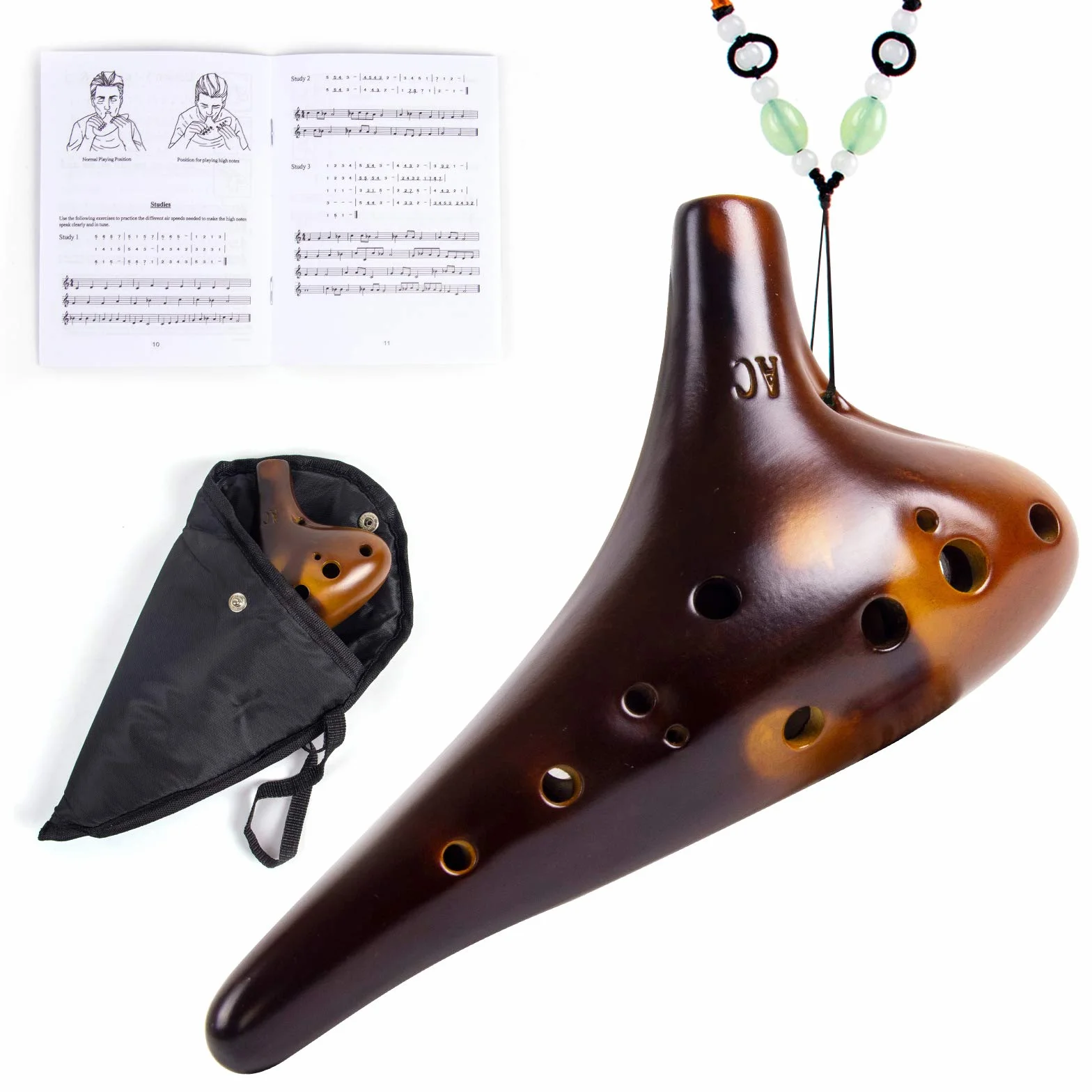 Ocarina 12 trous Alto C Céramique avec sac de transport et livre de musique (Marron)