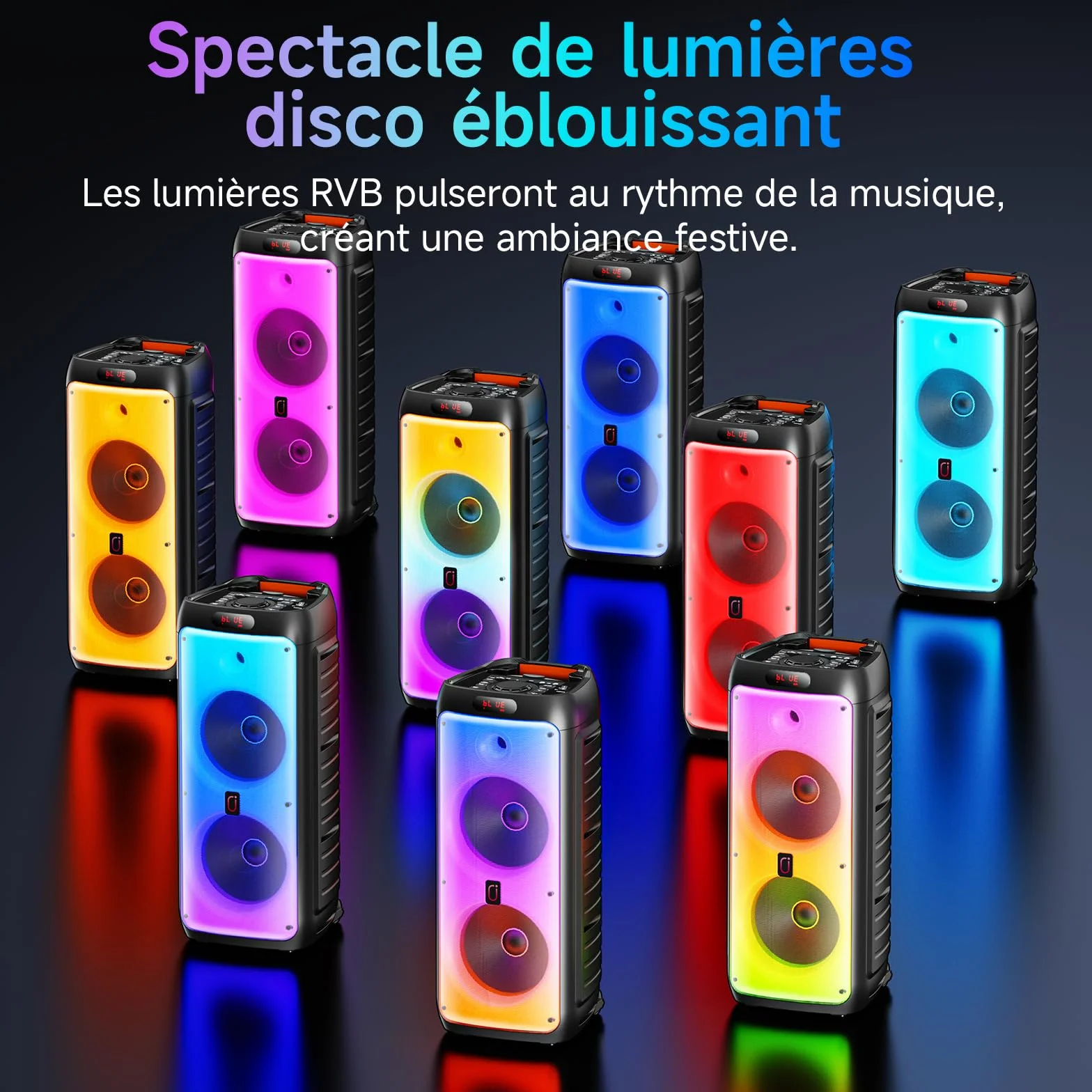 Système Karaoke Bluetooth Portable avec 2 Microphones sans Fil, Enceinte LED Professionnelle, Support USB/TF/AUX/MIC/TWS