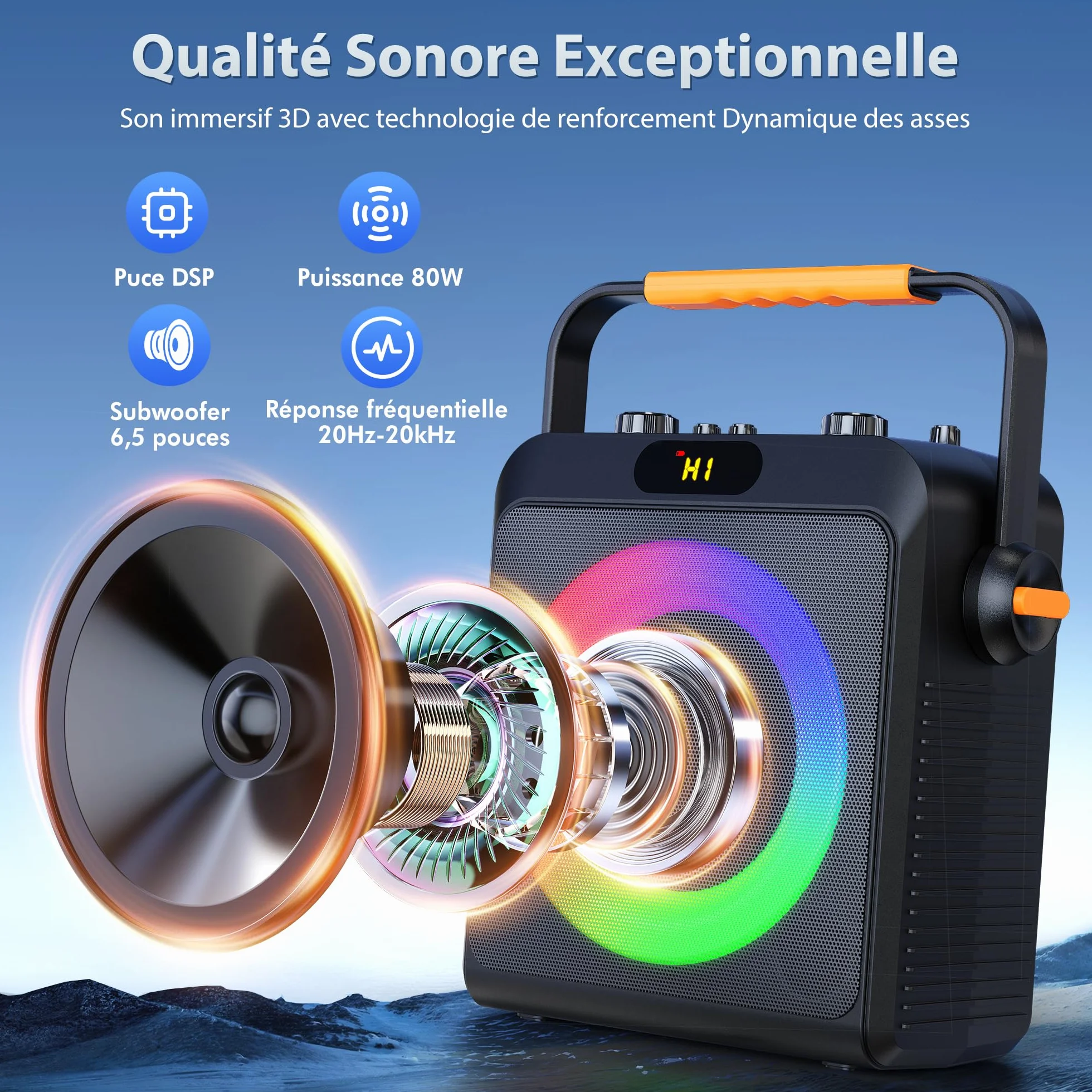 Machine de Karaoké Professionnel 80W avec 2 Microphones sans Fil, TWS Stéréo, 4 Mode Égaliseur Intégré, Support REC/AUX/USB/TF