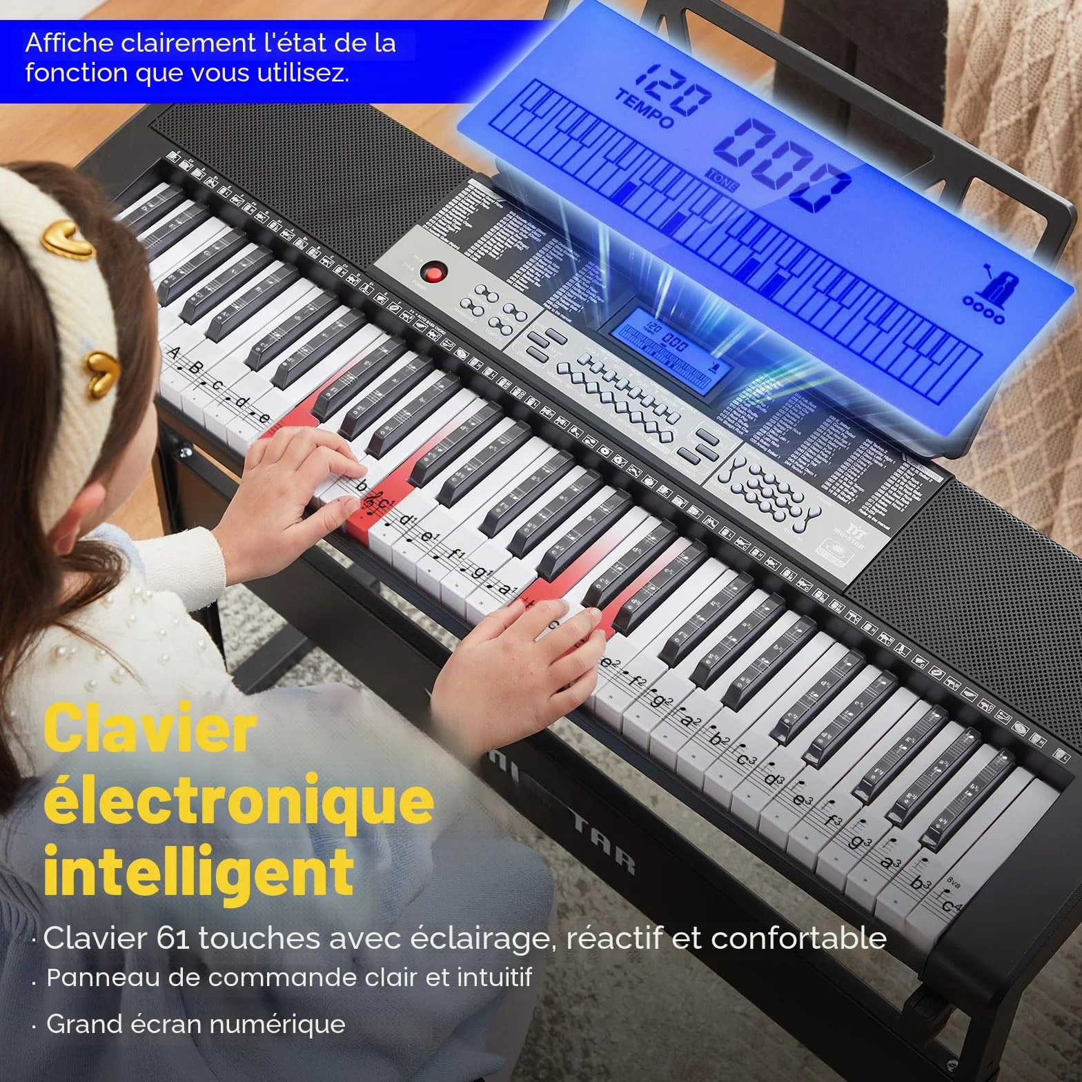 MUSTAR Piano à clavier lumineux 61 touches, clavier numérique pour débutants avec support, tabouret, casque (Noir)