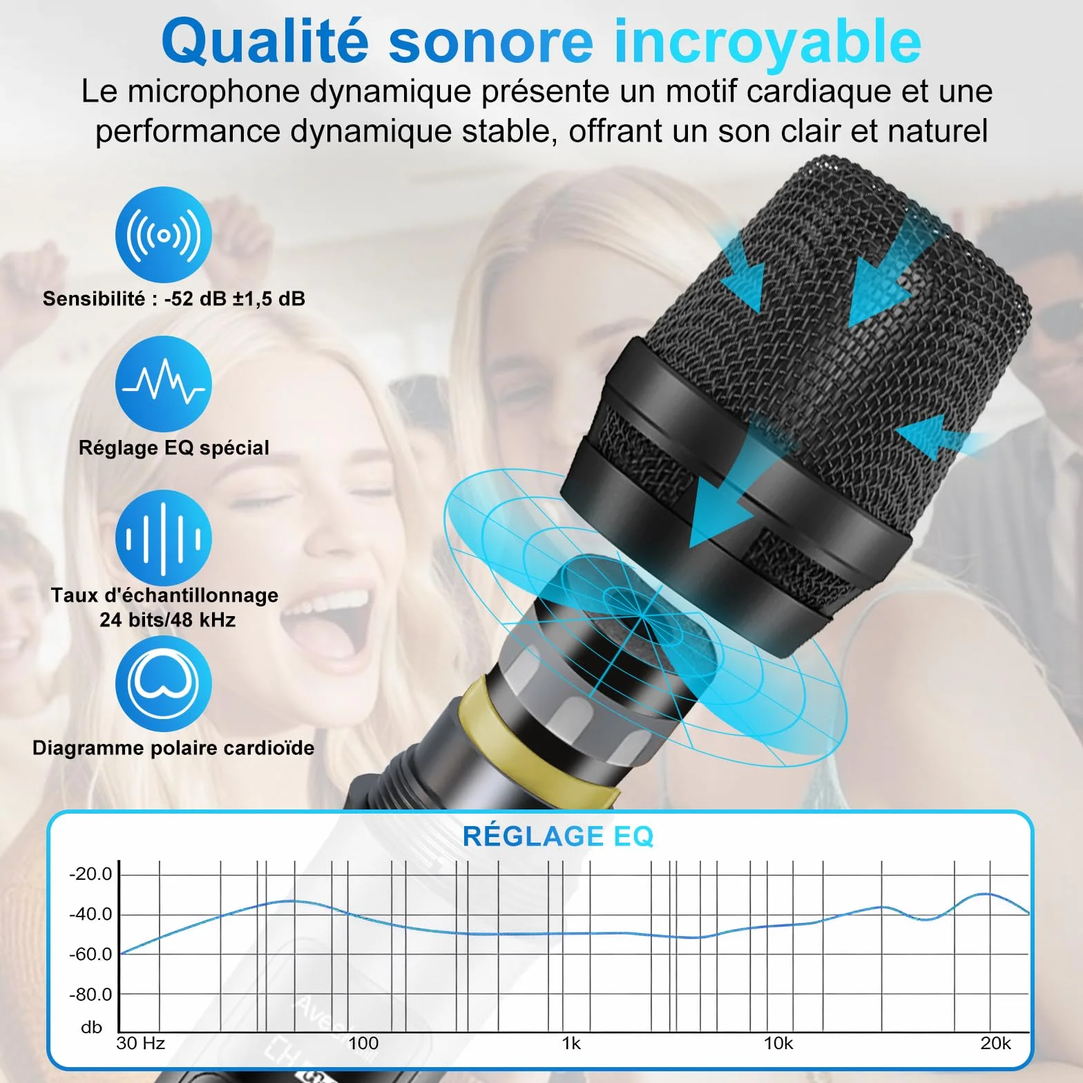 Aveek Système de microphone sans fil avec 4 micros dynamiques portatifs, portée 80 m, batterie 40 heures, faible latence