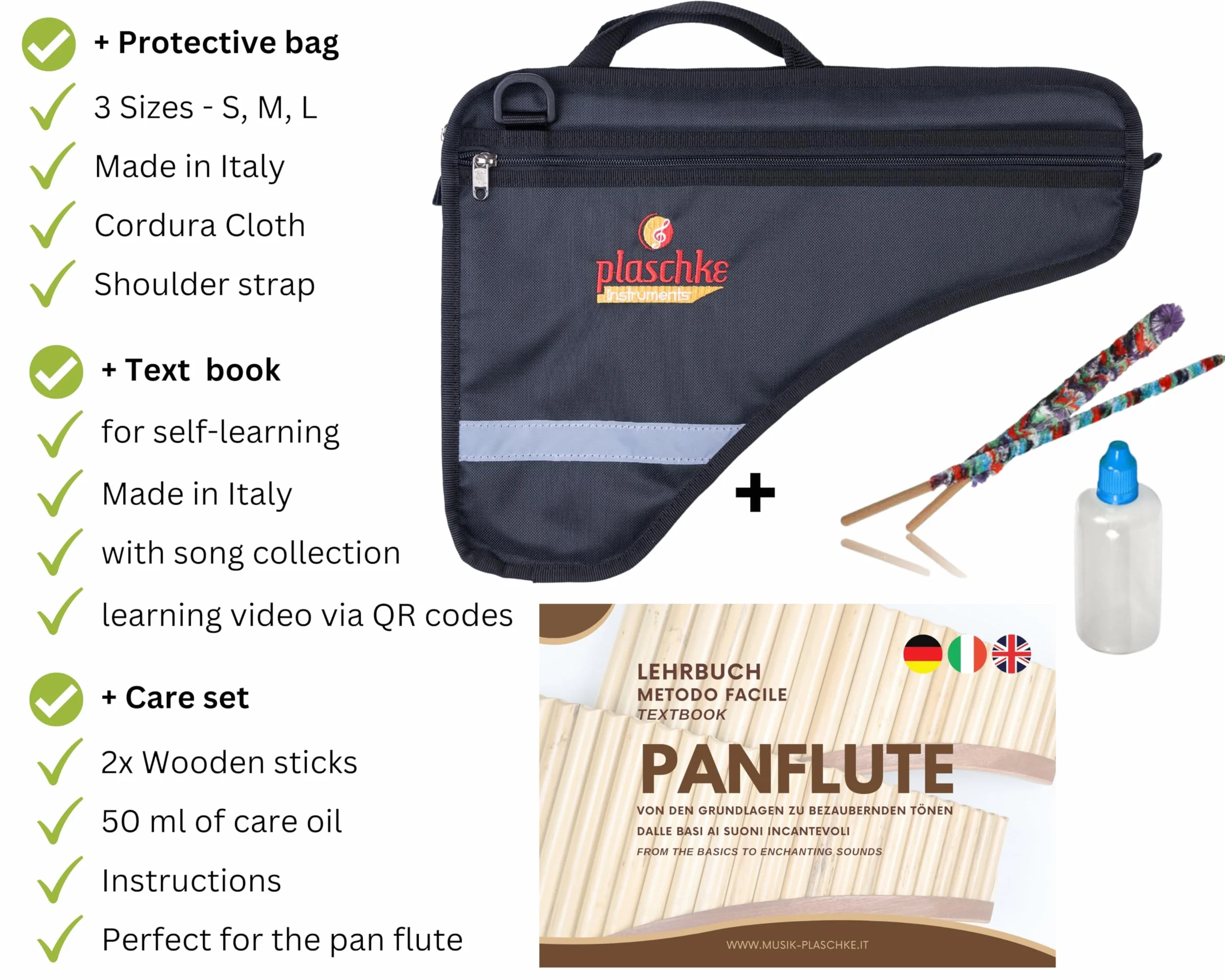 Flûte de Pan Plaschke Premium 25 tubes avec sabot, sacoche et kit d'entretien