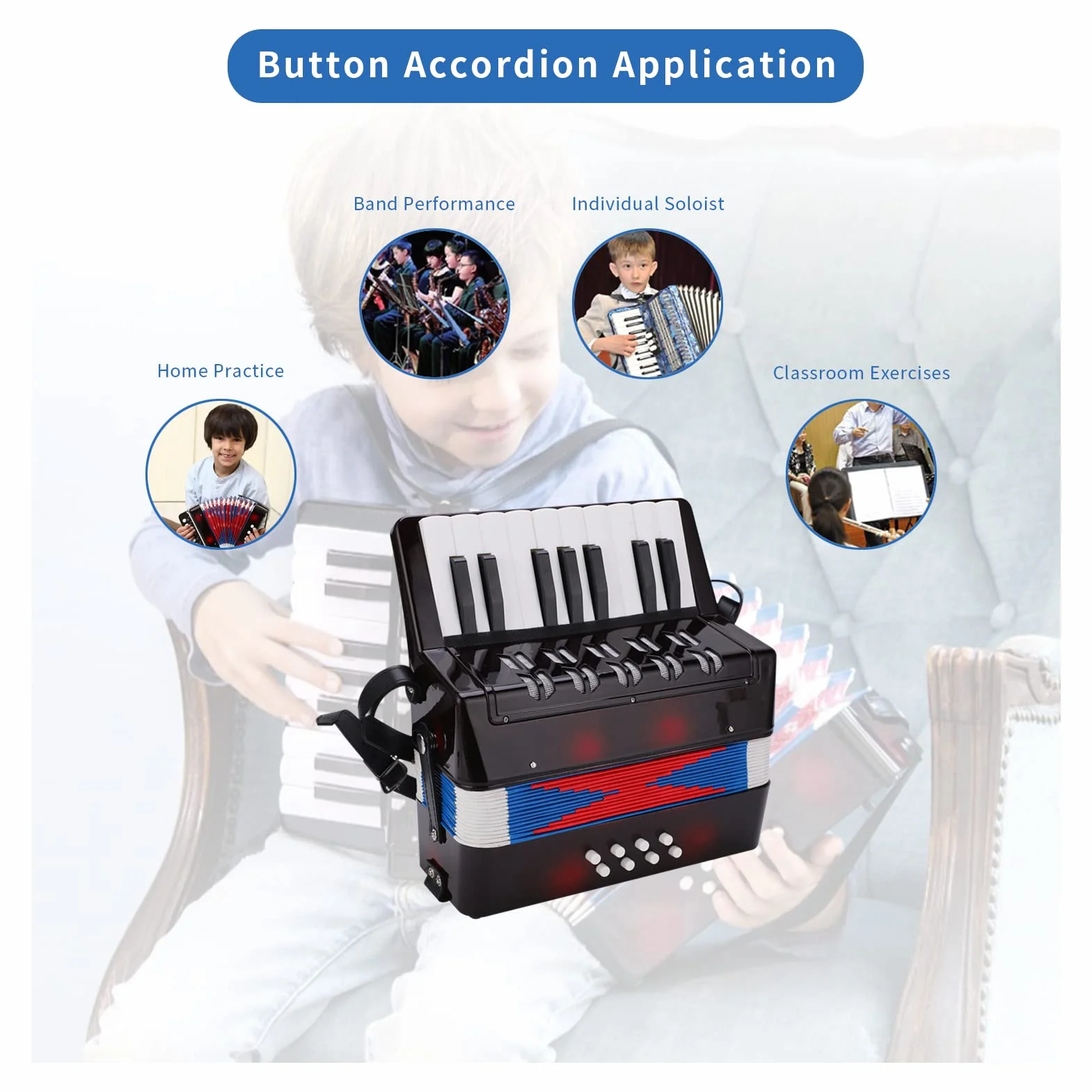 Accordéon Enfant 17-Clé 8 Basse Instrument Jouet avec Sangle en Cuir Rétractable Cadeau Débutants