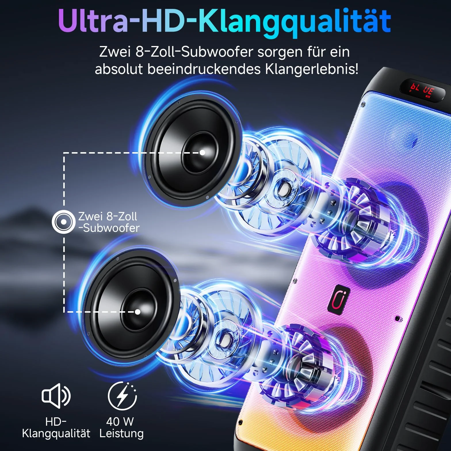 Système Karaoke Bluetooth Portable avec 2 Microphones sans Fil, Enceinte LED Professionnelle, Support USB/TF/AUX/MIC/TWS
