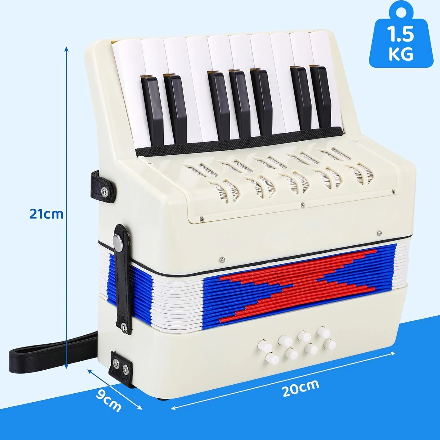 Accordéon pour Enfants 17 Touches 8 Basses Diatonique avec Sangles Réglables Blanc Cadeau Débutants