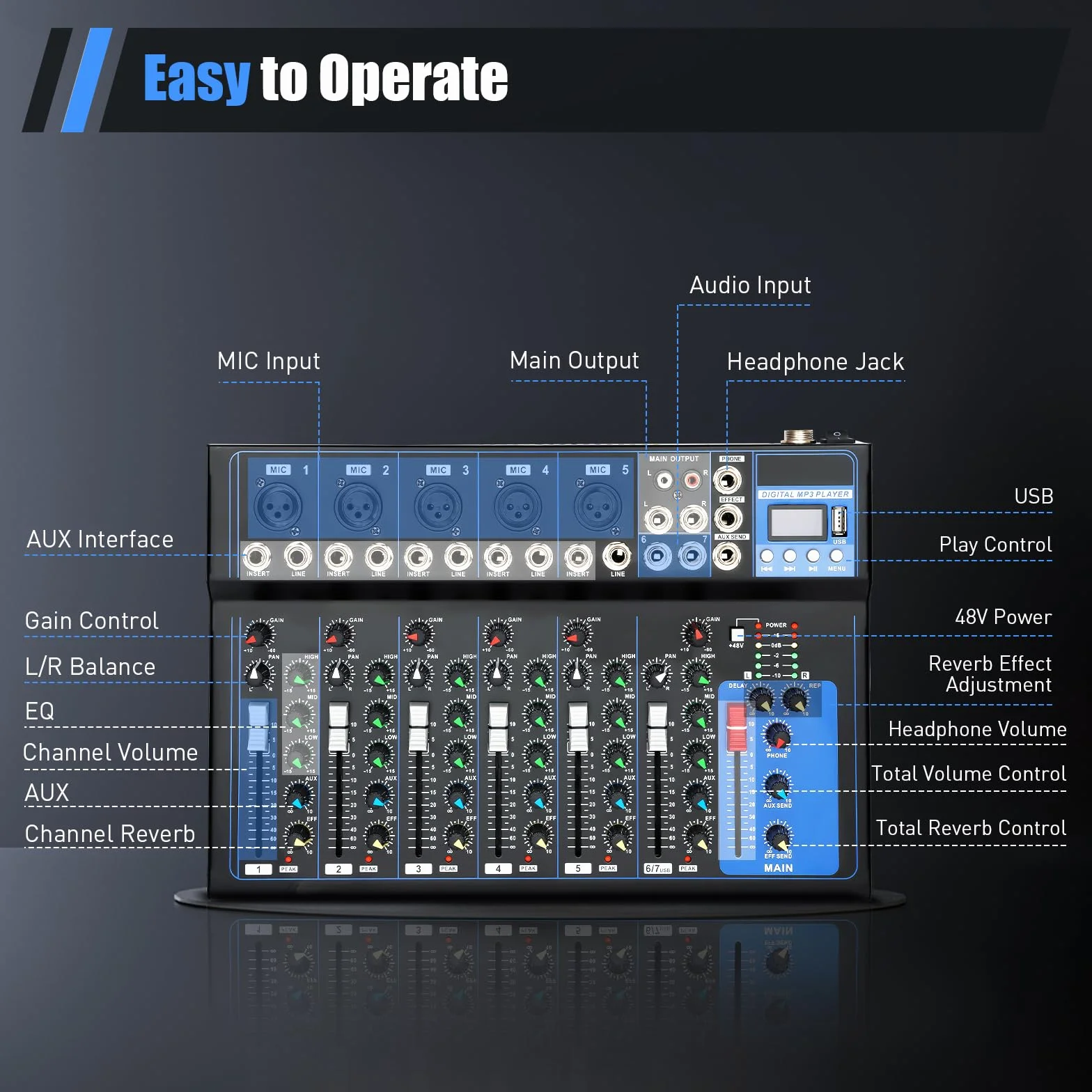 Table de mixage 7 canaux USB entrée micro 2 enregistreur audio