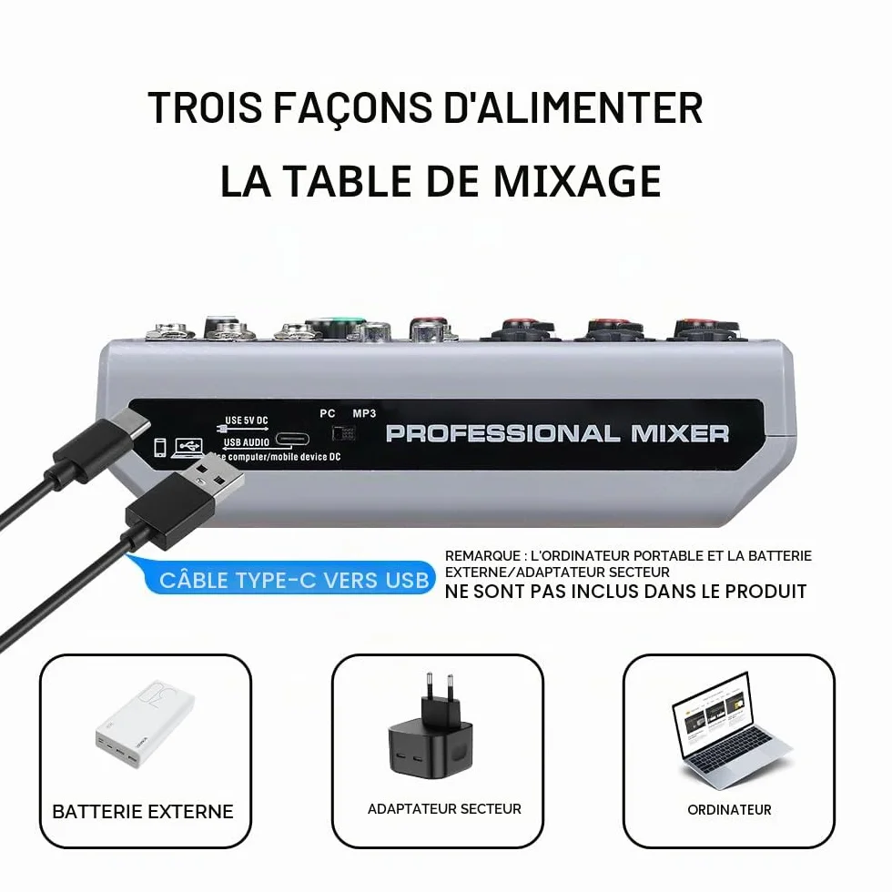 BOMGE Table de mixage audio 5 canaux USB Bluetooth effet retard d'écho alimentation fantôme 48 V mixeur DJ stéréo
