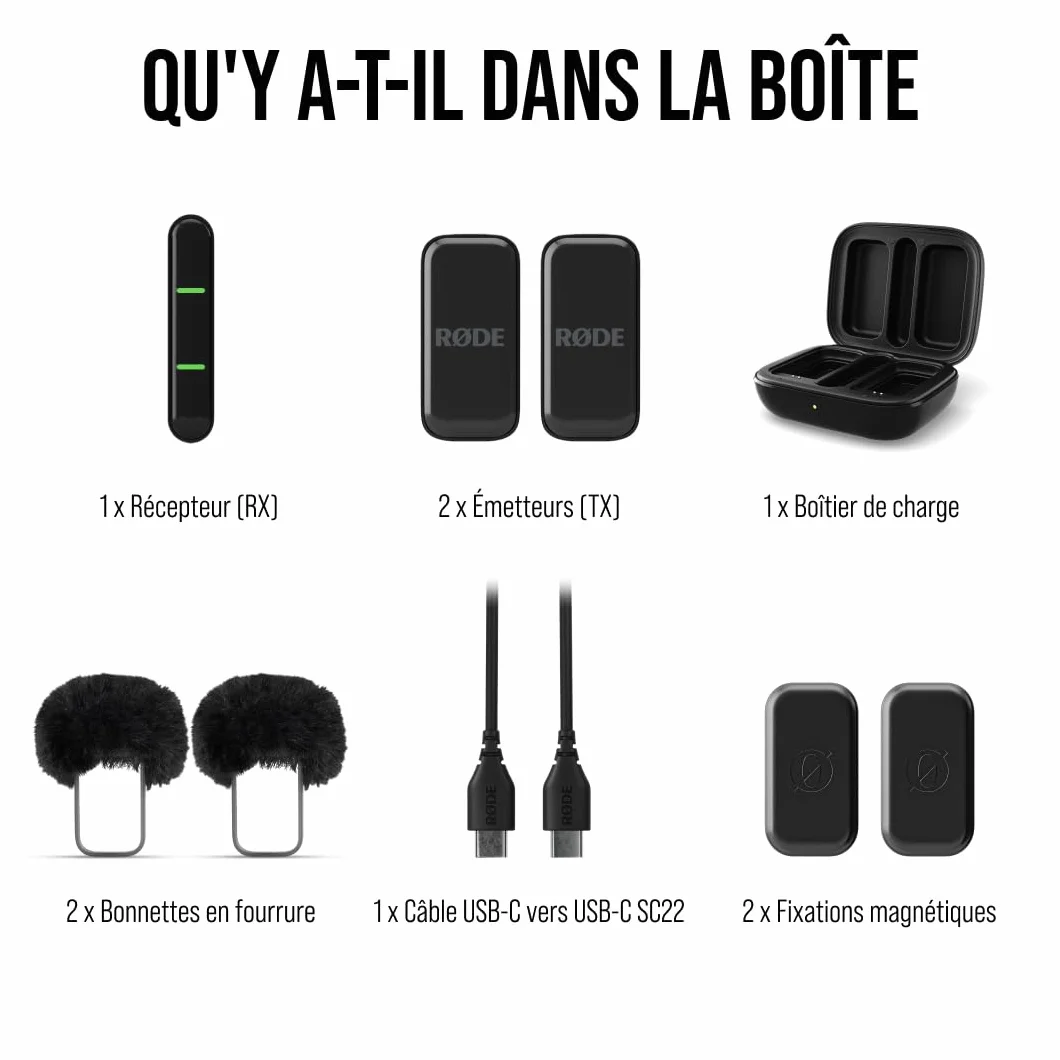 RØDE Wireless Micro, Microphone sans Fil Compact, Deux micros avec boîtier de Charge pour Smartphone, Lightning, Noir
