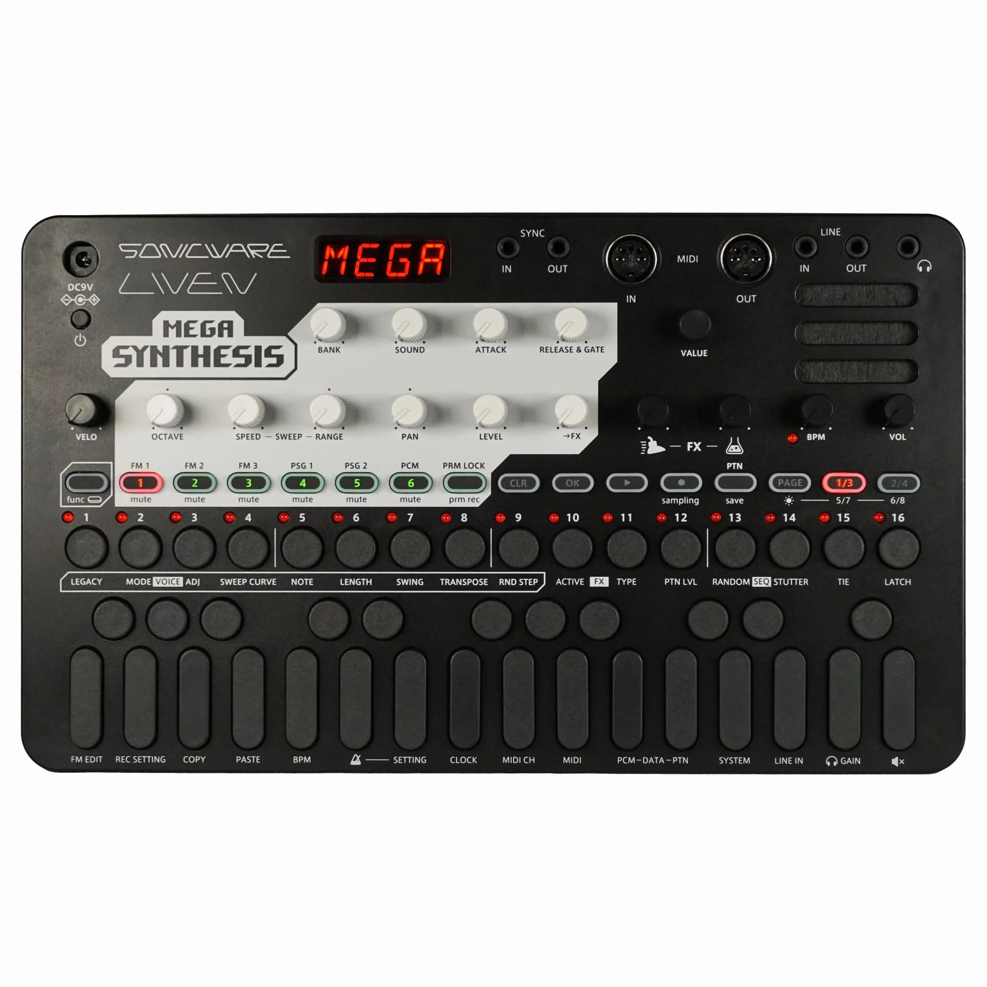 Sonicware Liven MEGA SYNTHESIS Compositeur de musique rétro 320 sons FM 64 kits percussions PCM séquenceur 6 pistes 10 effets