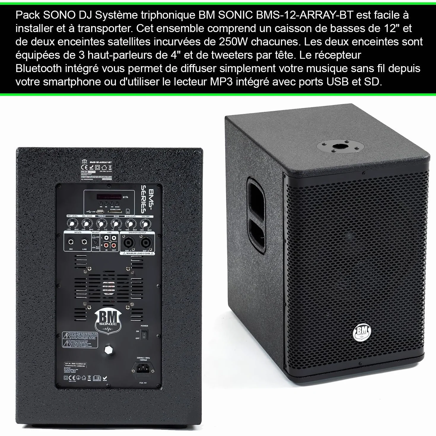 BM Bmsonic BMS-12-ARRAY-BT MKII Pack Sonorisation DJ Complet 1000W Enceintes Sat Caisson 31cm USB Bluetooth