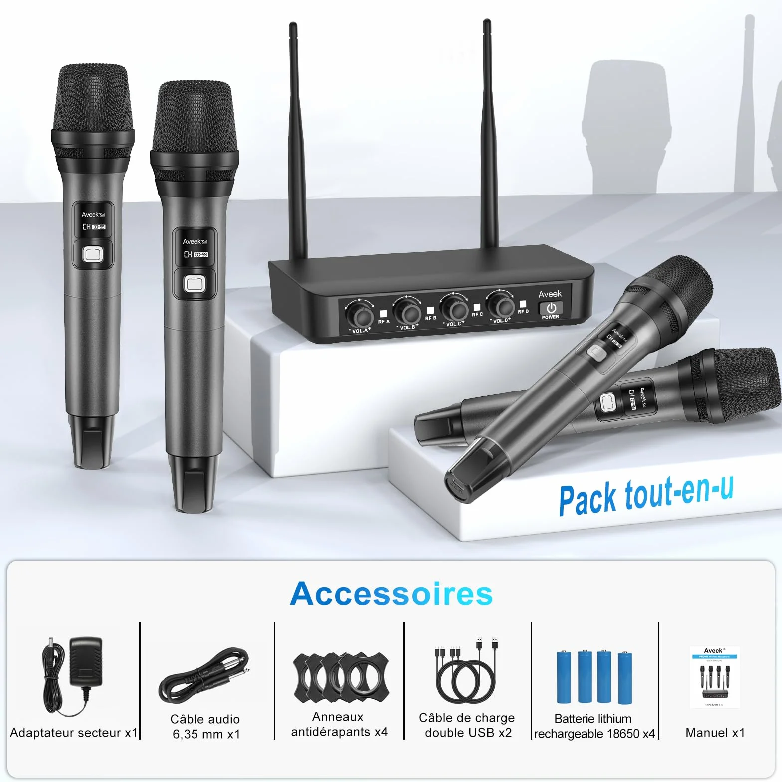 Aveek Système de microphone sans fil avec 4 micros dynamiques portatifs, portée 80 m, batterie 40 heures, faible latence