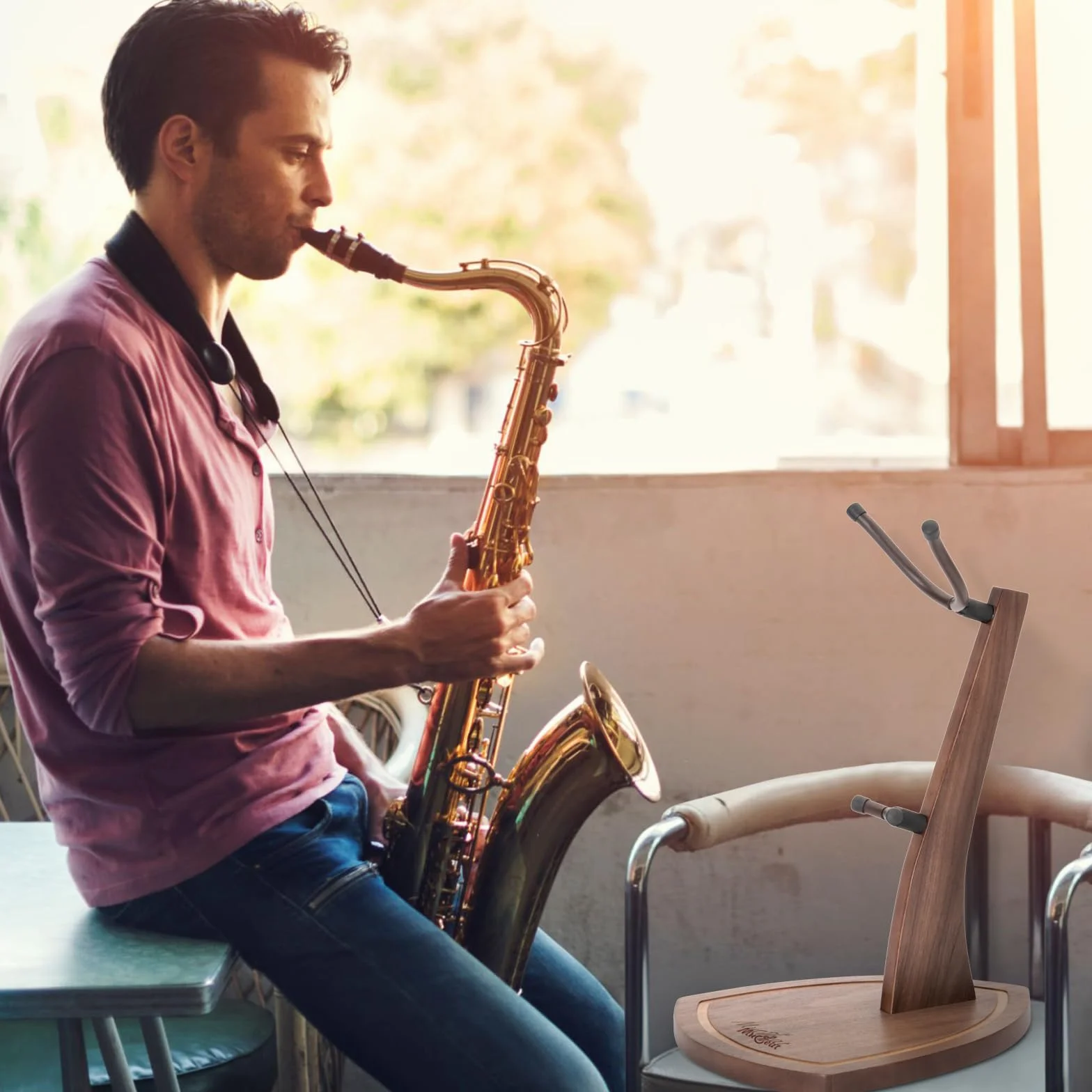 Porte-Saxophone en Bois de Noyer pour Saxophone Alto et Ténor - Support en Bois Massif avec Embouts en Silicone Doux