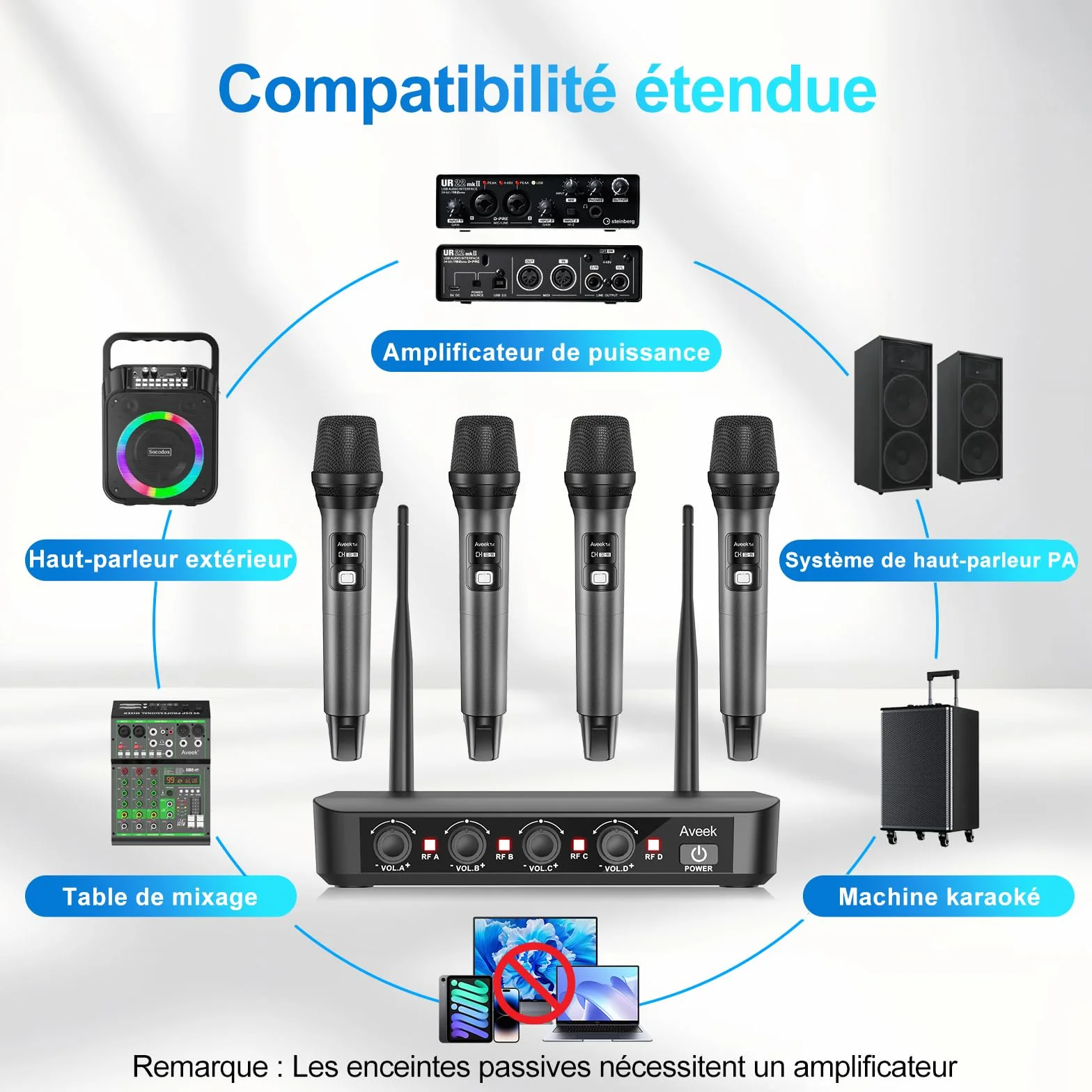 Aveek Système de microphone sans fil avec 4 micros dynamiques portatifs, portée 80 m, batterie 40 heures, faible latence