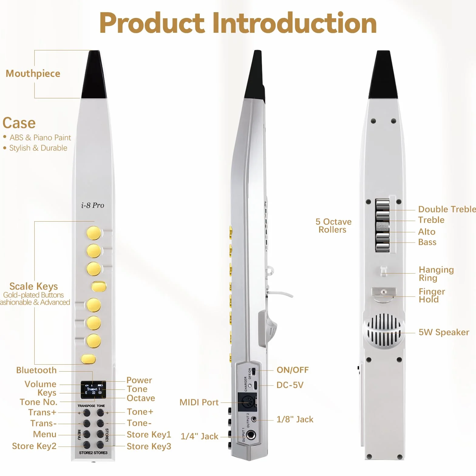Instrument à vent numérique i8-Pro électronique Bluetooth 89 sonorités 12 touches Blanc