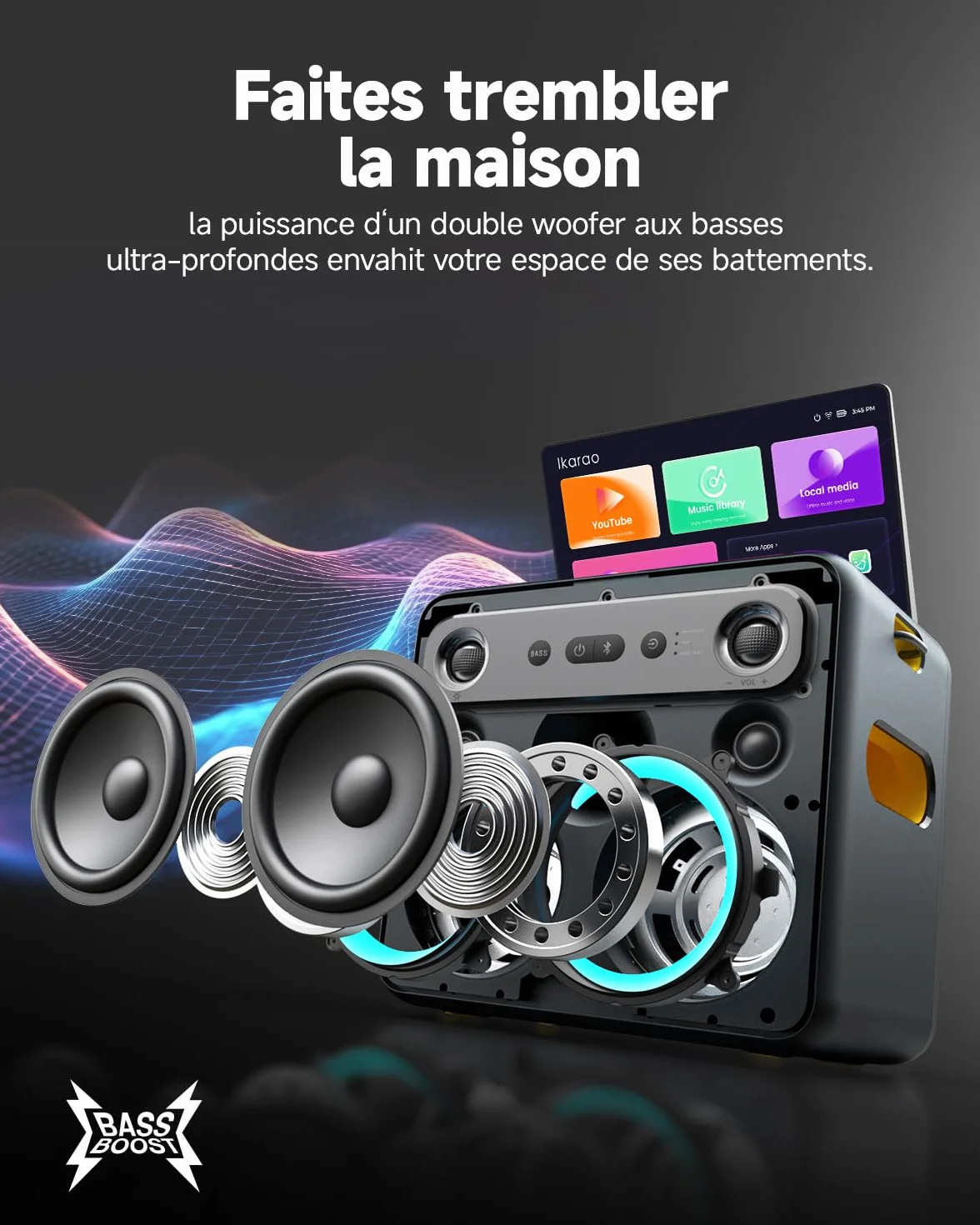 Karaoké Adulte avec Écran, Haut-Parleur Bluetooth Portable avec 2 Microphones sans Fil, Lumières LED pour Fêtes Break X2 Noir
