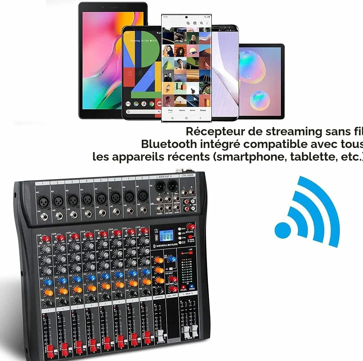 Depusheng DA8 Console de mixage audio professionnelle 8 canaux Bluetooth USB MP3 Alimentation fantôme 48V Noir