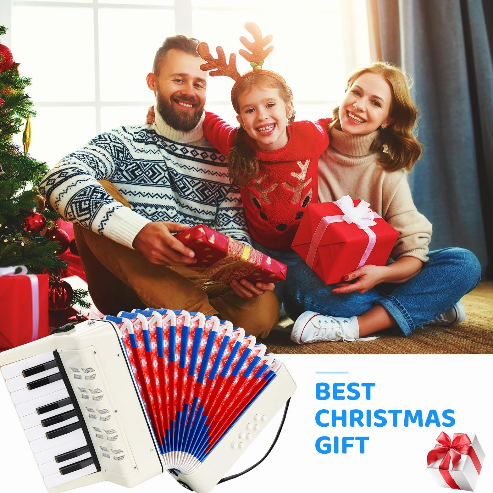 Accordéon pour Enfants 17 Touches 8 Basses Diatonique avec Sangles Réglables Blanc Cadeau Débutants