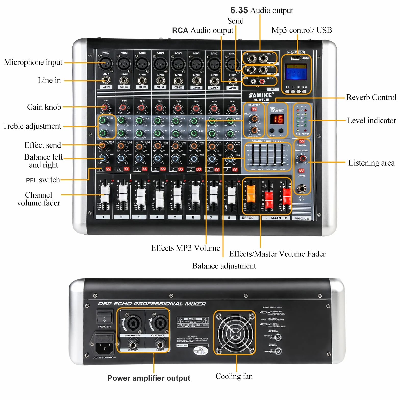 Table de Mixage Audio Professionnelle 8 Canaux 2 x 300W 48V Alimentation Fantôme Bluetooth MP3