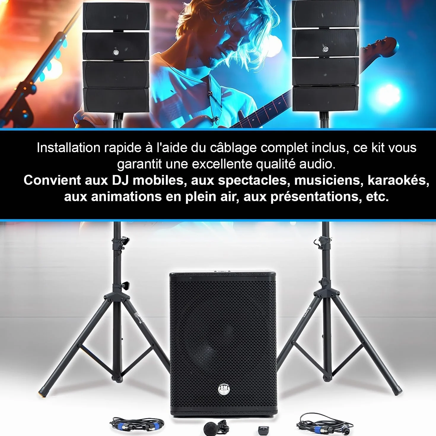 BM Bmsonic BMS-15-ARRAY-BT Pack Sonorisation DJ Complet 1200W Caisson 38cm USB Bluetooth