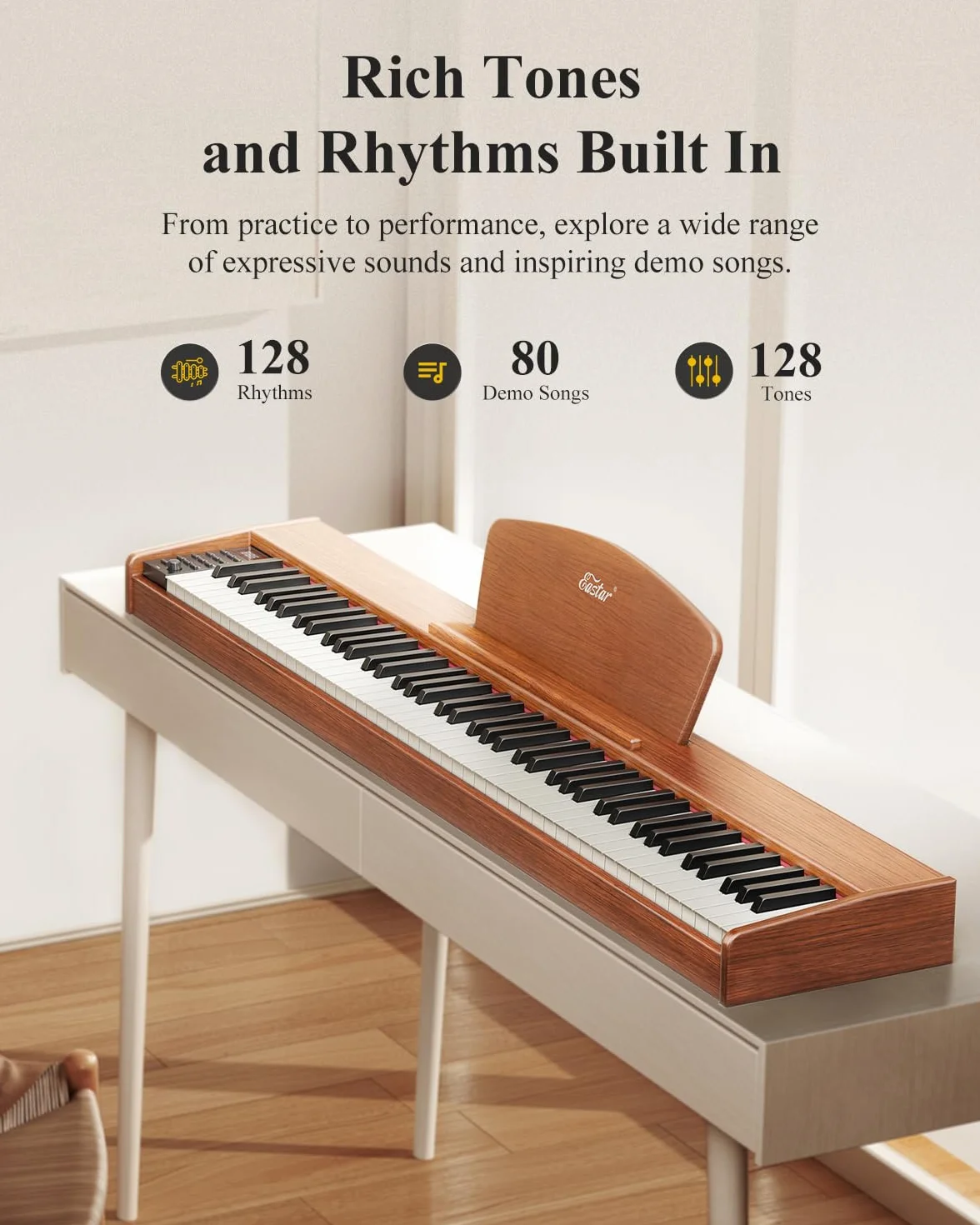 Eastar EP-80 Clavier Piano 88 Touches, Piano Électrique Pleine Taille avec Touches Sensibles, Ensemble Portable pour Débutants avec Support, Pédale et Casque, Marron