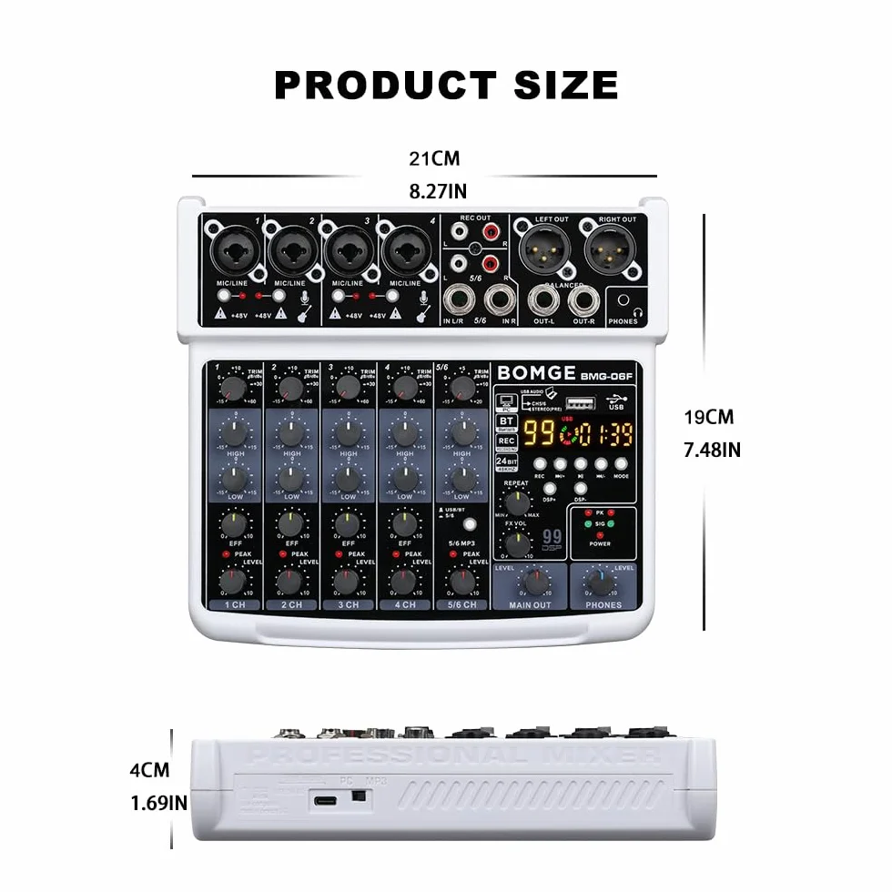 BOMGE Mini console de mixage audio DJ 6 canaux avec interface USB Bluetooth 48V 24 effets DSP