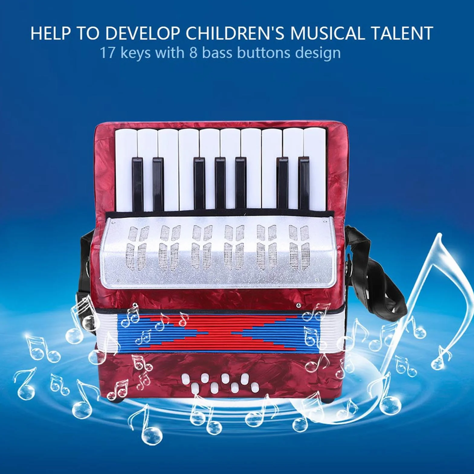 Accordéon Débutant 17 Touches 8 Basses Bandoulière Réglable Instrument Piano Adultes