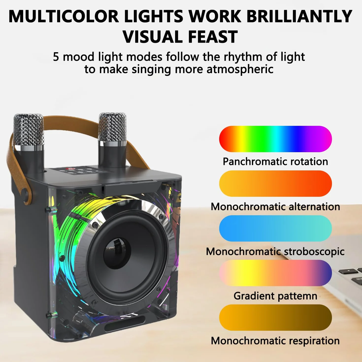 Machine de Karaoké avec 2 Microphones Sans Fil, Enceinte Bluetooth Portable avec Lumières LED pour Enfants Adultes