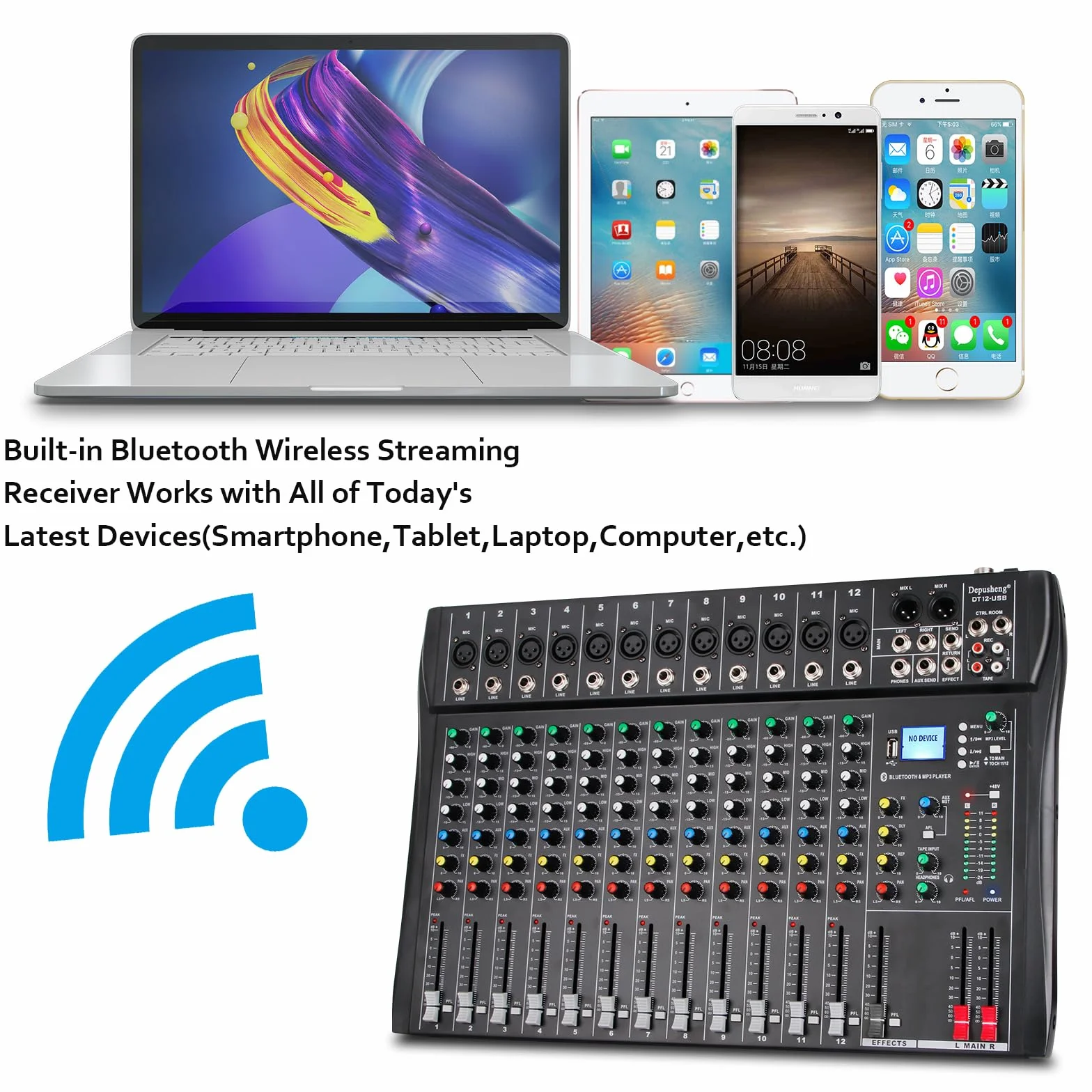 Depusheng DT12 Console de mixage audio studio 12 canaux avec interface contrôleur DJ USB alimentation 48V