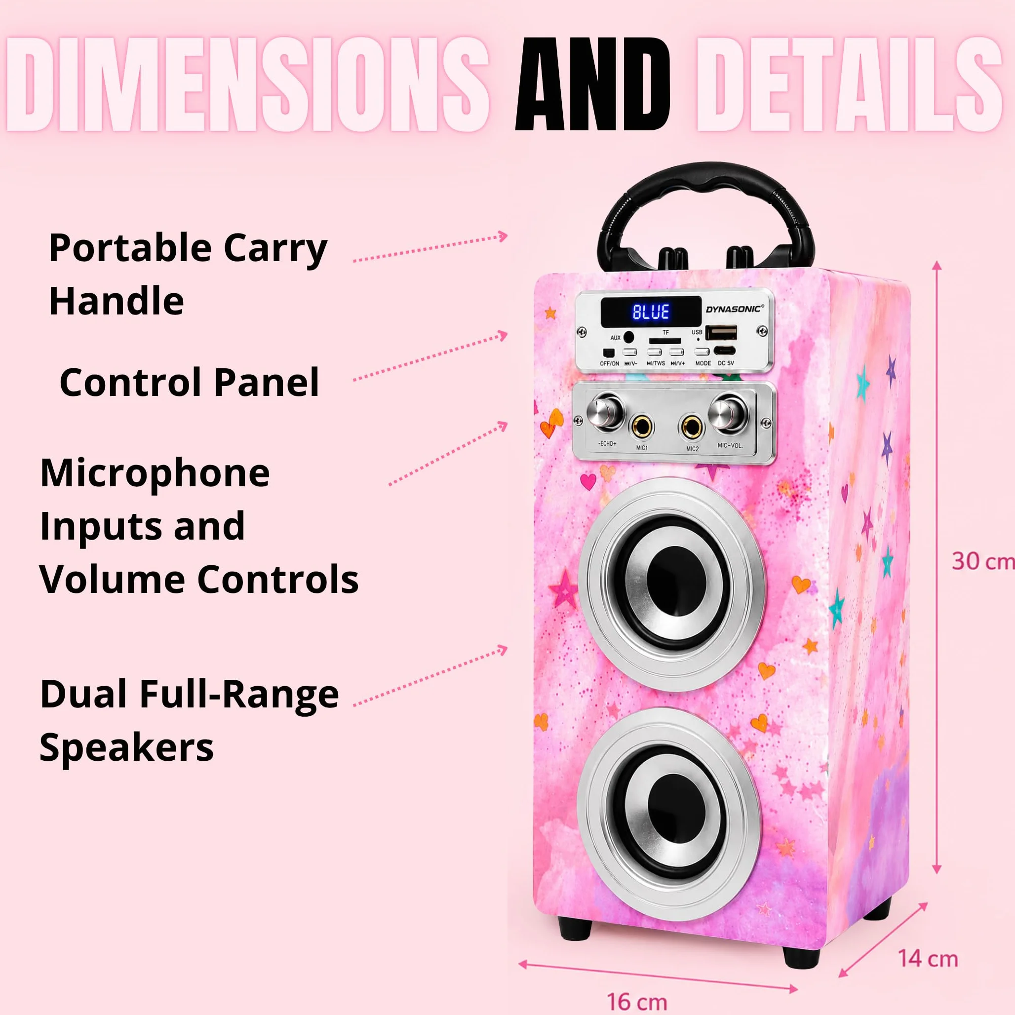 Dynasonic Machine Karaoké Portable Bluetooth 2 Microphones USB SD AUX Lumières LED Batterie Rechargeable