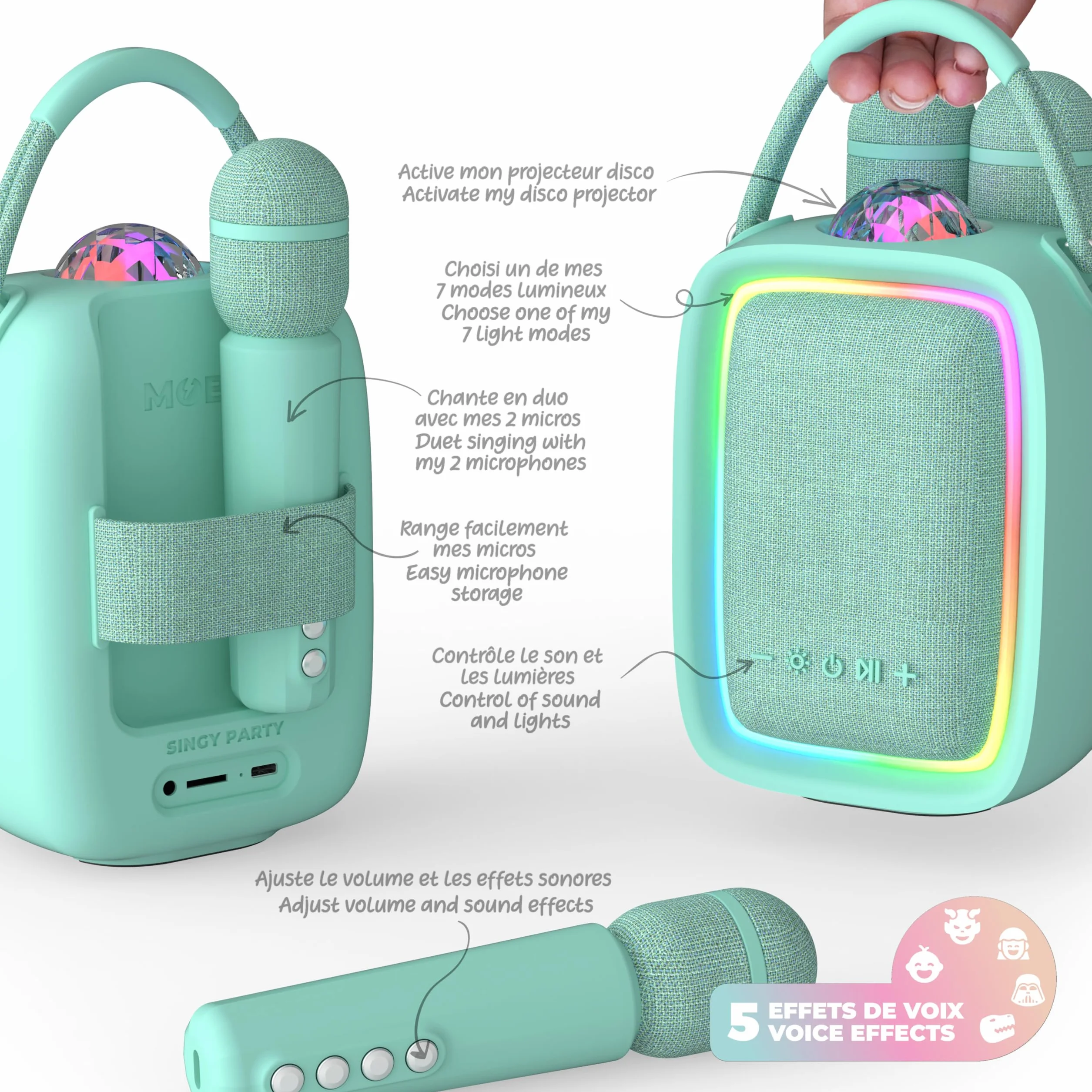 Enceinte Karaoké Portable pour Enfant et Adulte avec Projecteur Disco, 2 Micros sans Fil, Rechargeable USB-C, Carte SD - Menthe