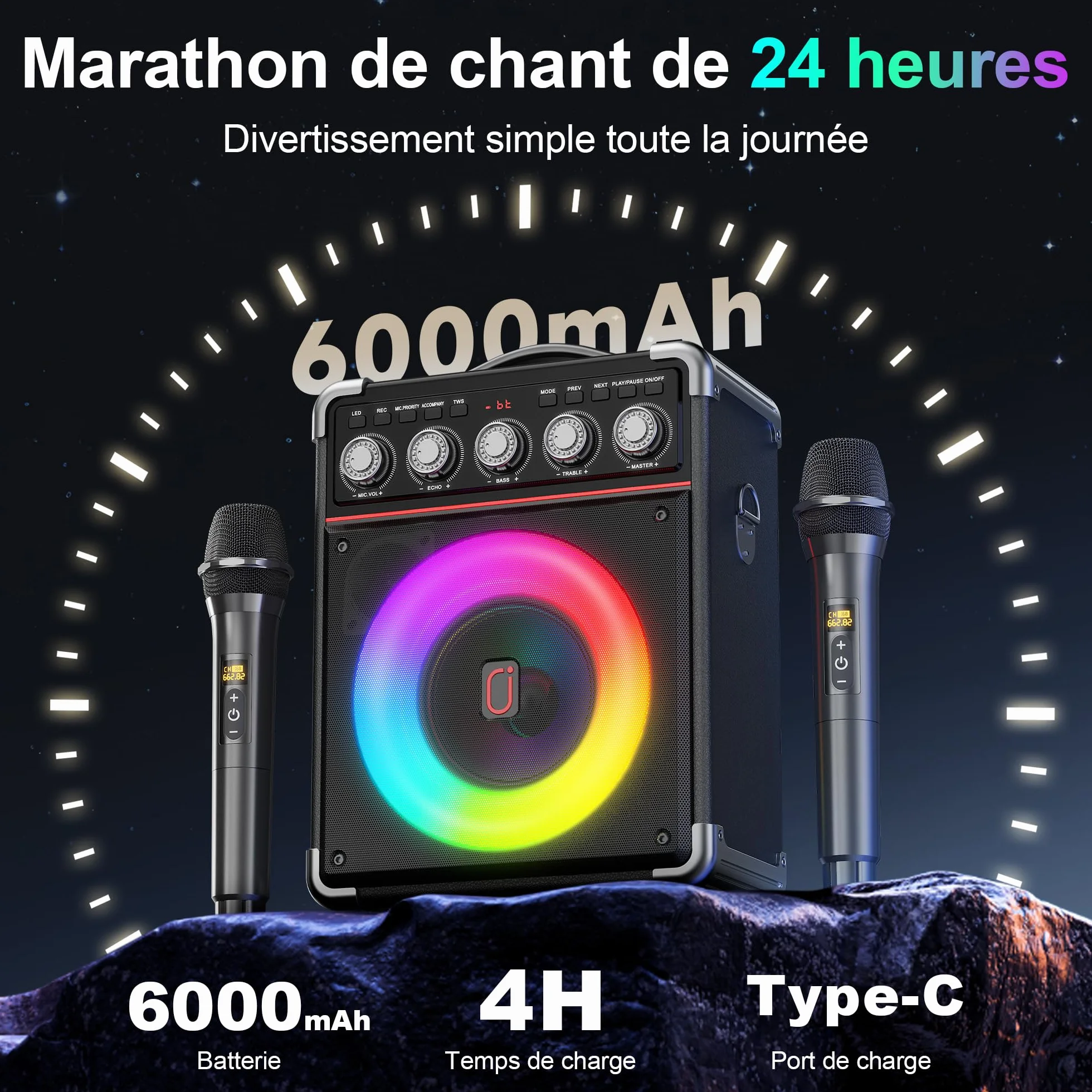 JYX Enceinte Karaoke 100W sans Fil Autonomie 24h DSP Bicœur