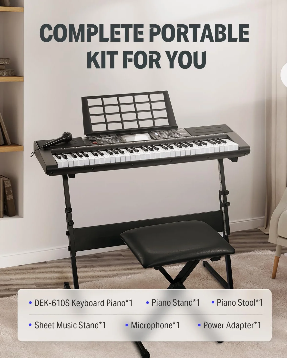 Donner DEK-610S Clavier Électrique 61 Touches 249 Voix 249 Rythmes avec Support Tabouret Microphone Noir