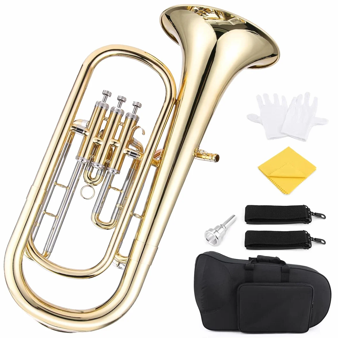 Barytonhorn Bb Brass Style Piston Goldlac-k Surface Instrument à vent avec gants, chiffon de nettoyage