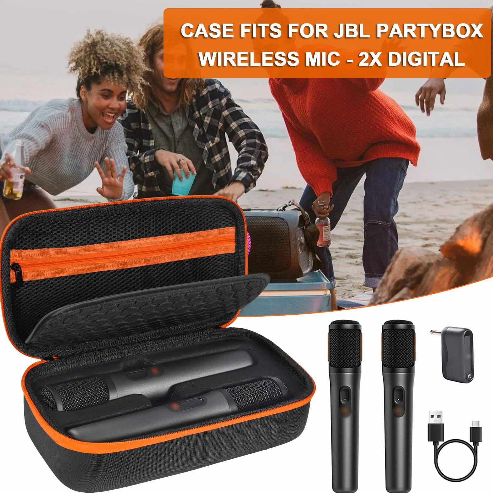 Étui pour microphone sans fil compatible JBL PartyBox – 2 microphones numériques, sac de rangement portable, noir