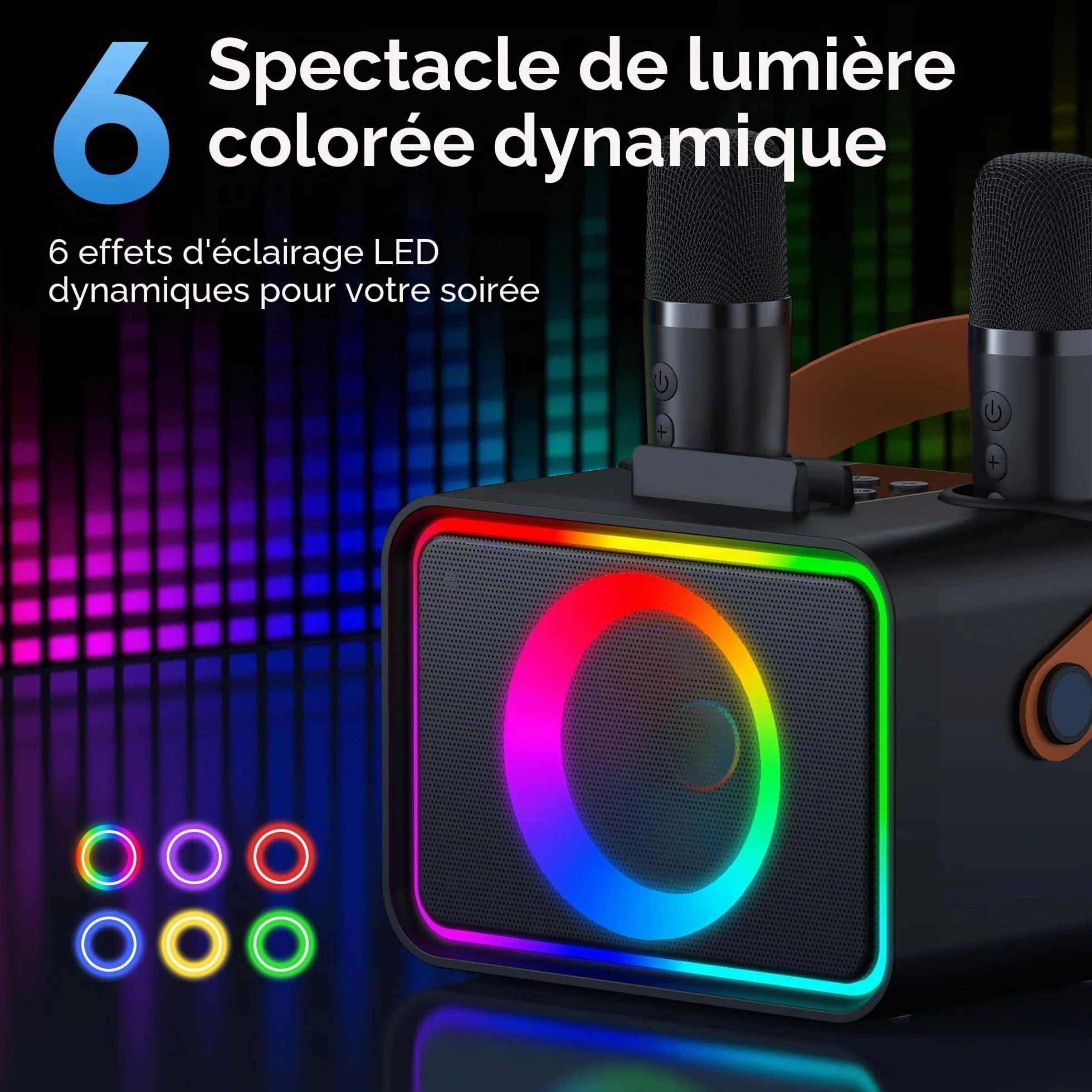 Machine de karaoké Bluetooth portable avec 2 microphones et lumières Disco