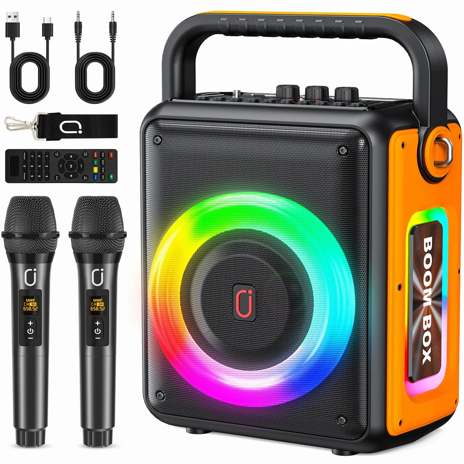 Machine de karaoké HWWR avec 2 microphones, haut-parleur Bluetooth portable, lumières LED, TWS/Rec/AUX/USB/TF