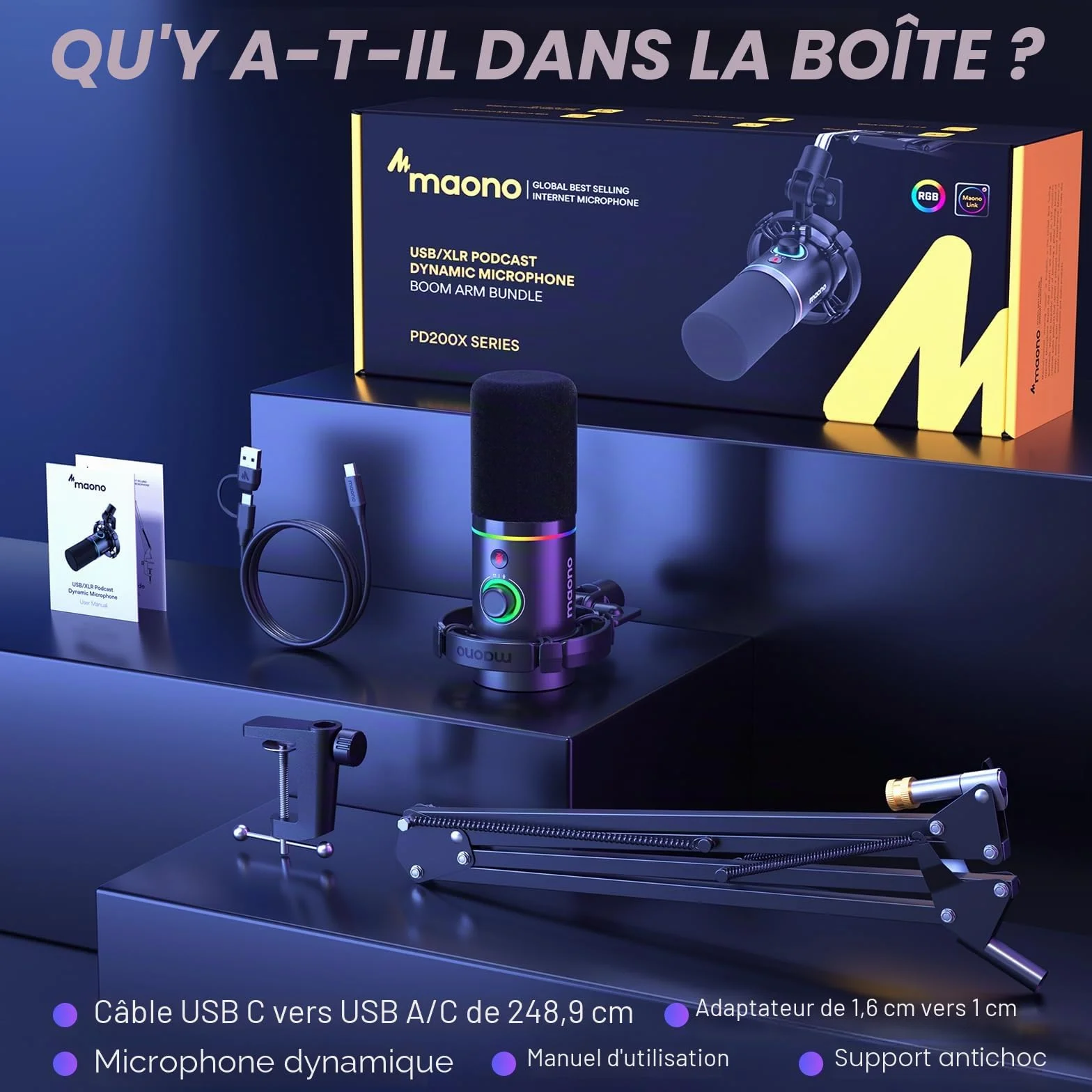 MAONO PD200XS Micro Kit XLR-USB Dynamique pour Streaming Gaming Podcast Enregistrement Noir